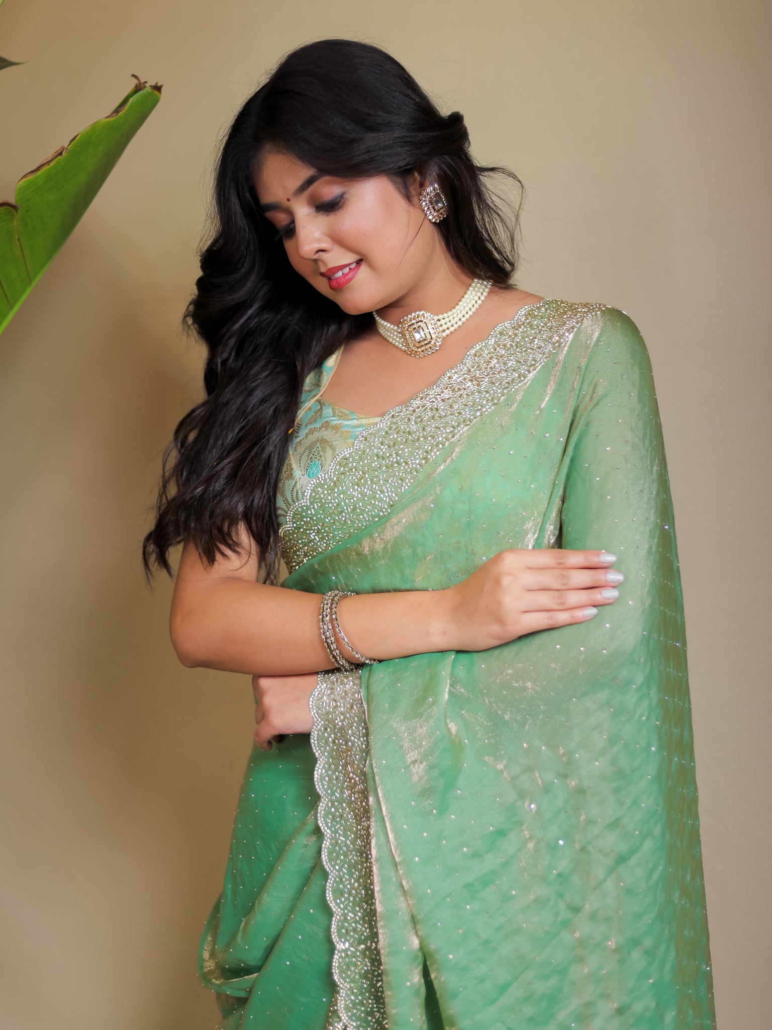 Tissue Sequin Saree - Pastel Green