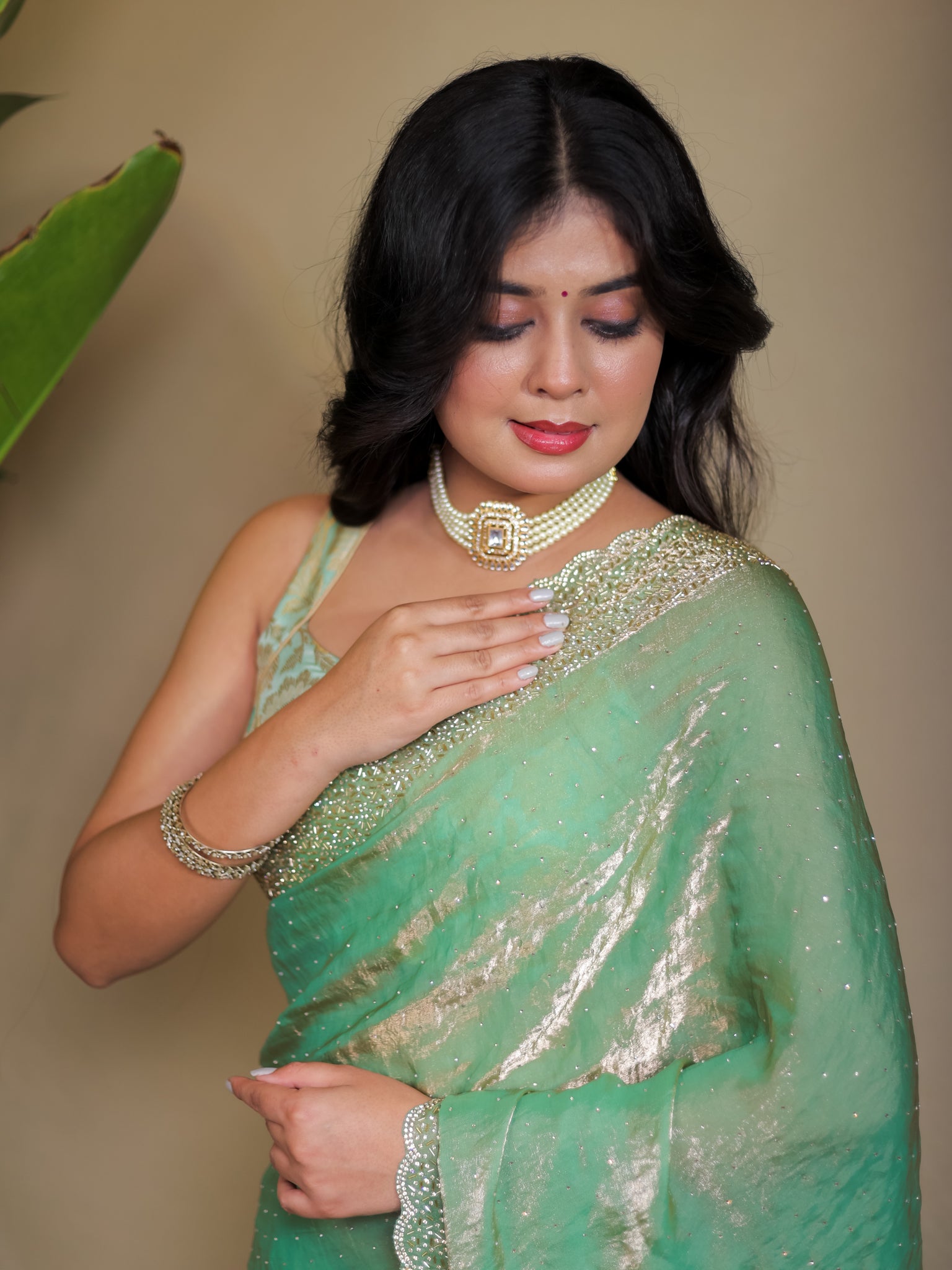 Tissue Sequin Saree - Pastel Green