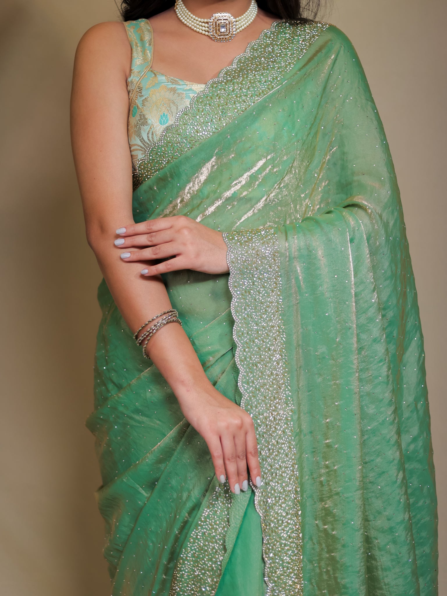 Tissue Sequin Saree - Pastel Green