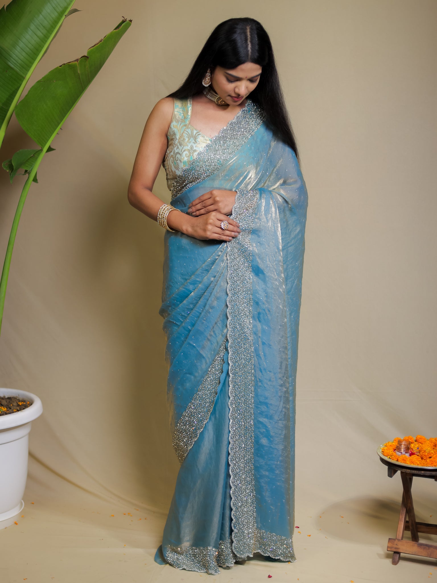 Tissue Sequin Saree - Blue