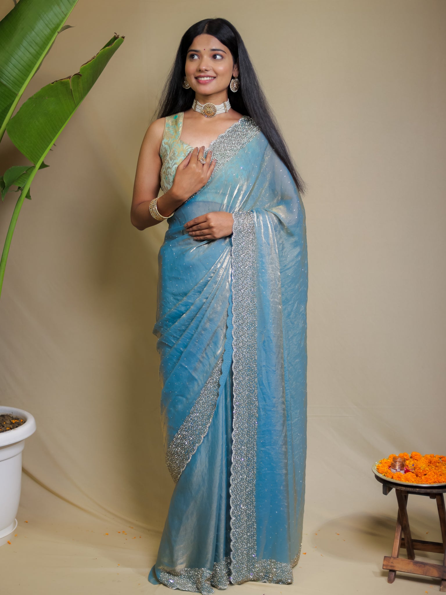 Tissue Sequin Saree - Blue