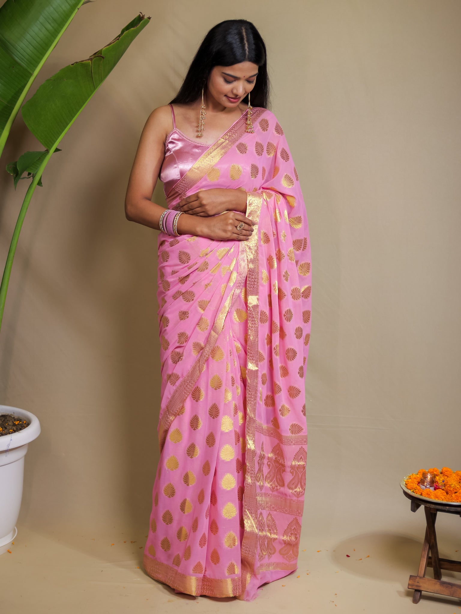 Banarasi Semi Chiffon Saree Gold Zari Floral Buti Weaving-  Pink