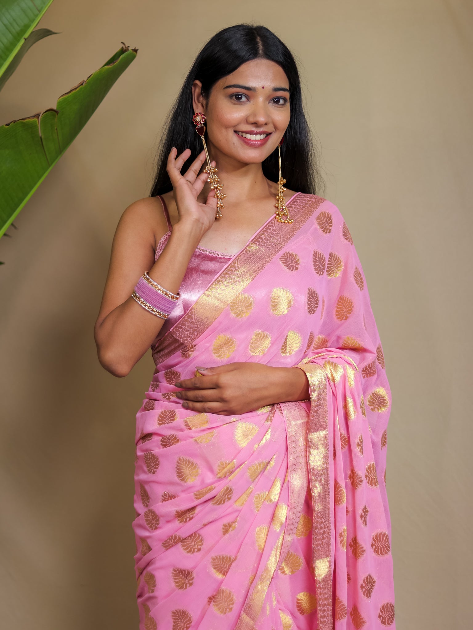 Banarasi Semi Chiffon Saree Gold Zari Floral Buti Weaving-  Pink