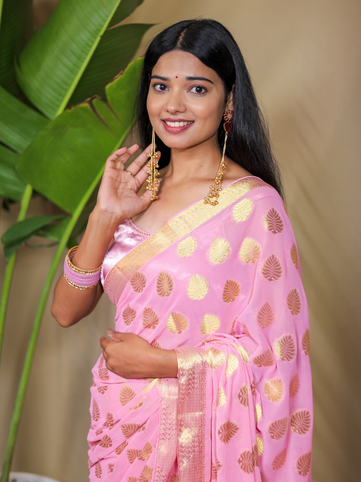 Banarasi Semi Chiffon Saree Gold Zari Floral Buti Weaving-  Pink