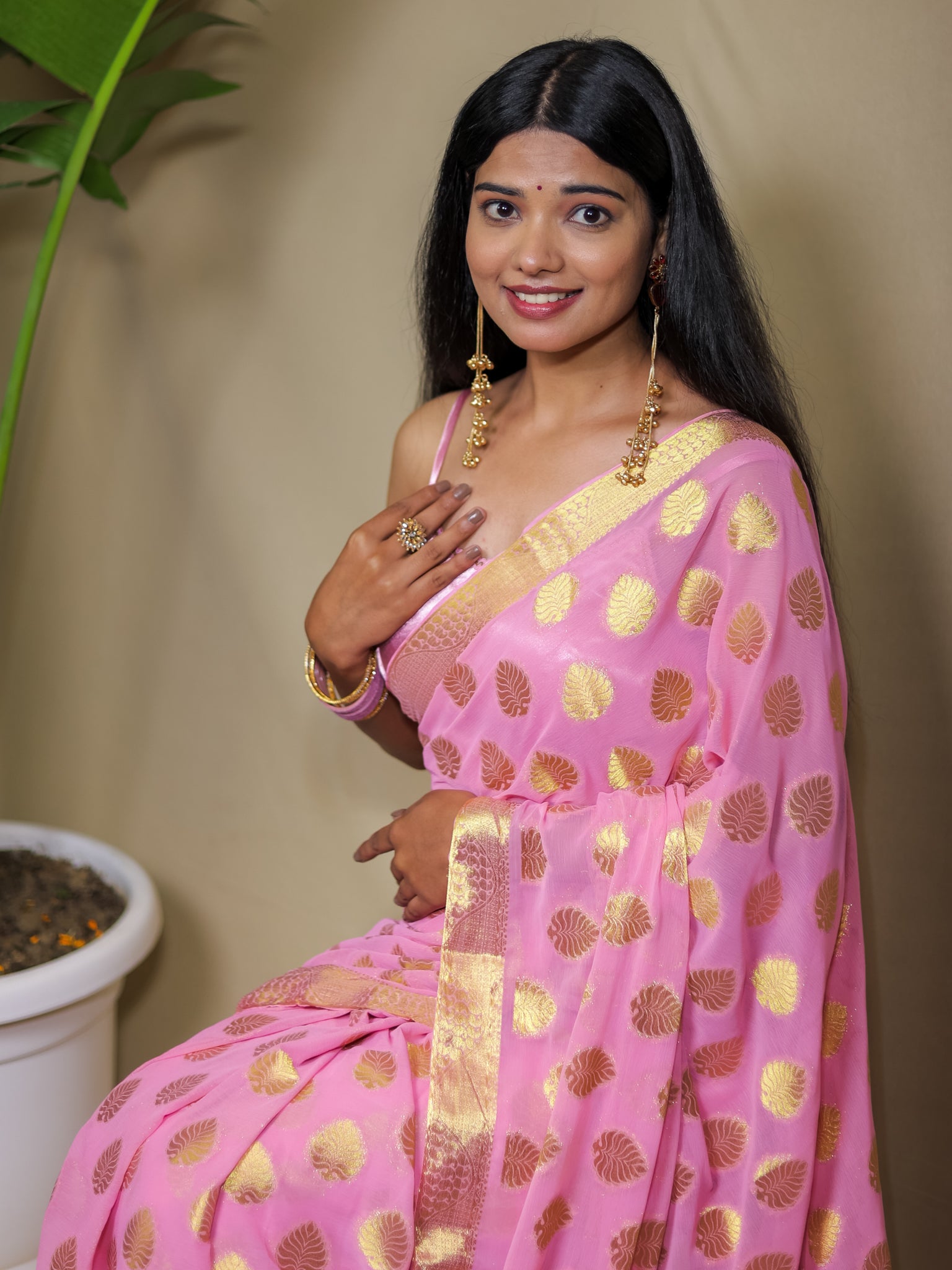 Banarasi Semi Chiffon Saree Gold Zari Floral Buti Weaving-  Pink