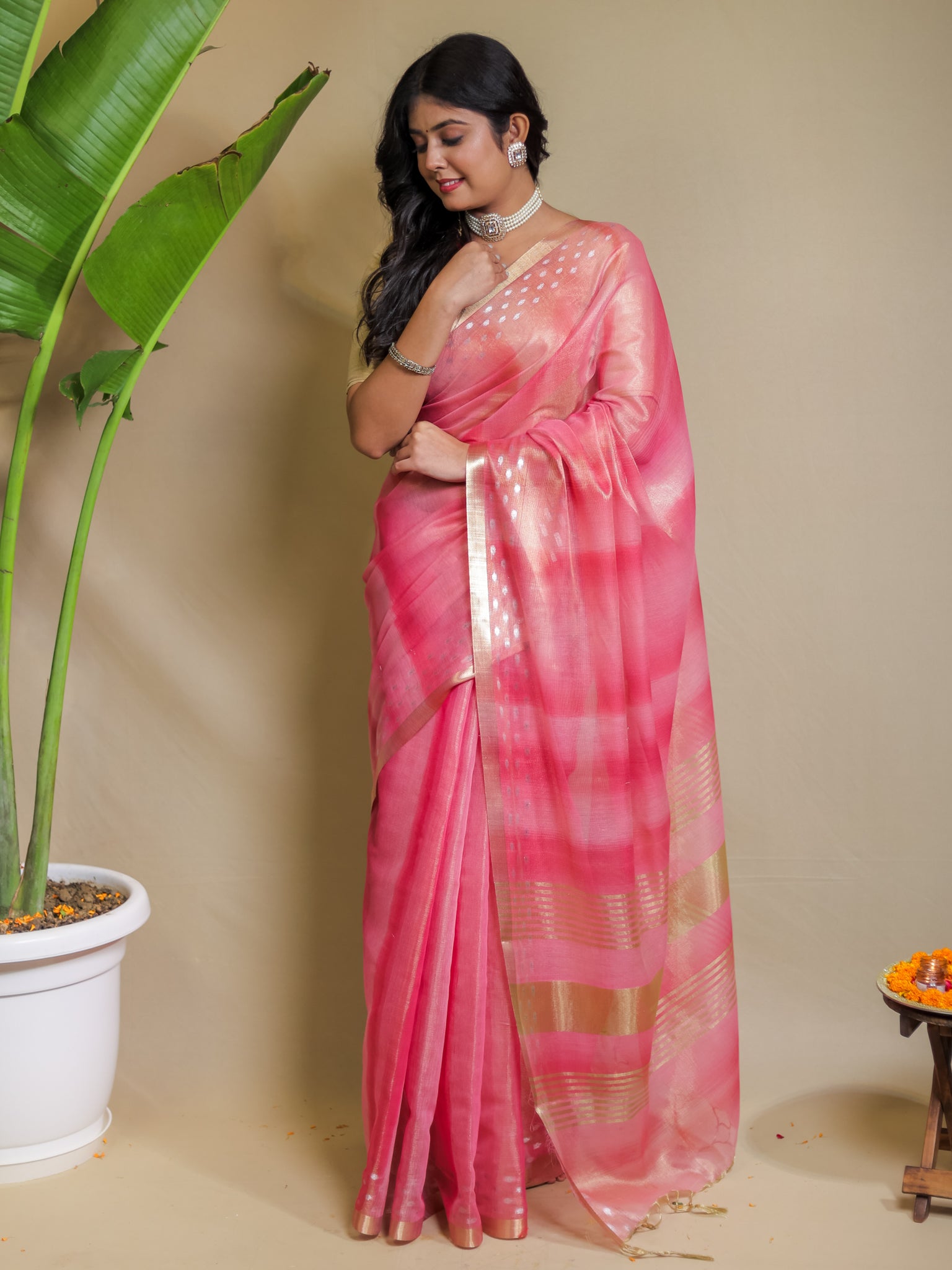 Banarasi Cotton Linen Saree With Resham Weaving & Zari Border-Pink