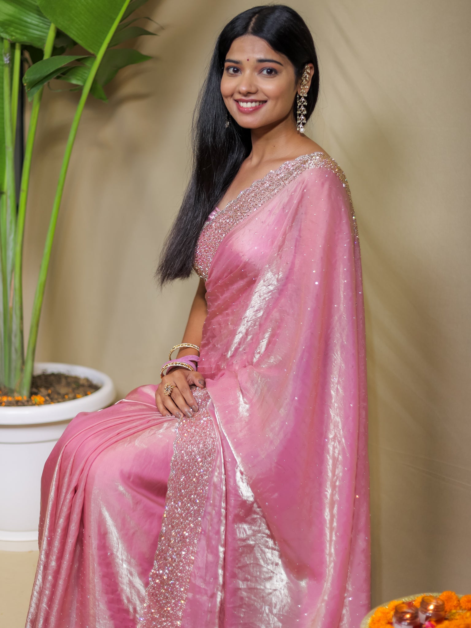 Tissue Sequin Saree - Pink