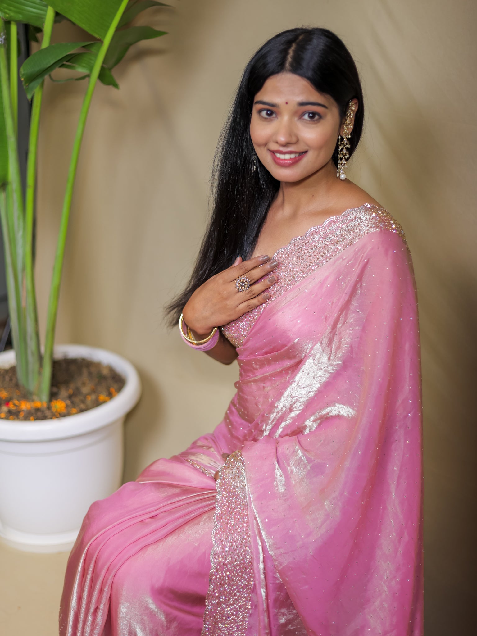 Tissue Sequin Saree - Pink