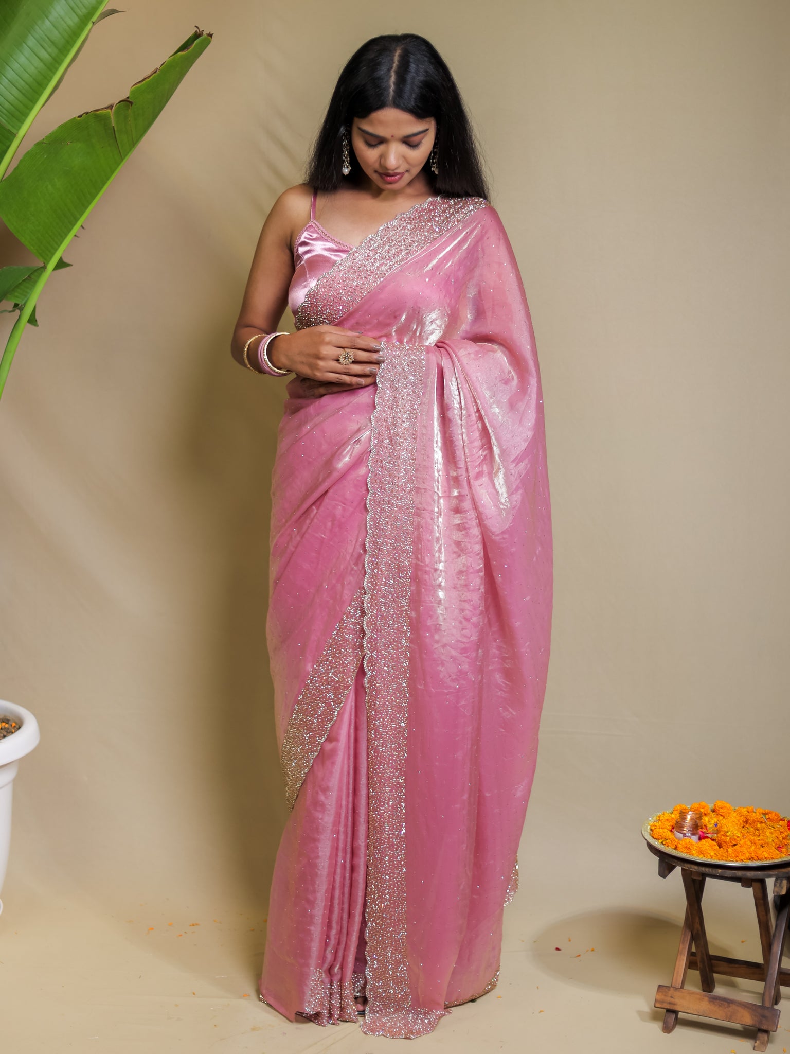 Tissue Sequin Saree - Pink