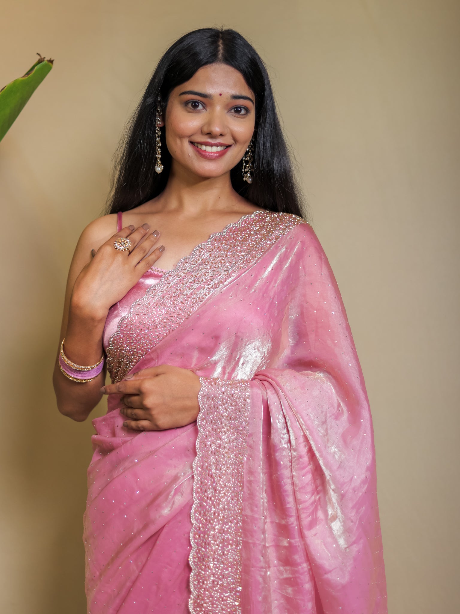 Tissue Sequin Saree - Pink