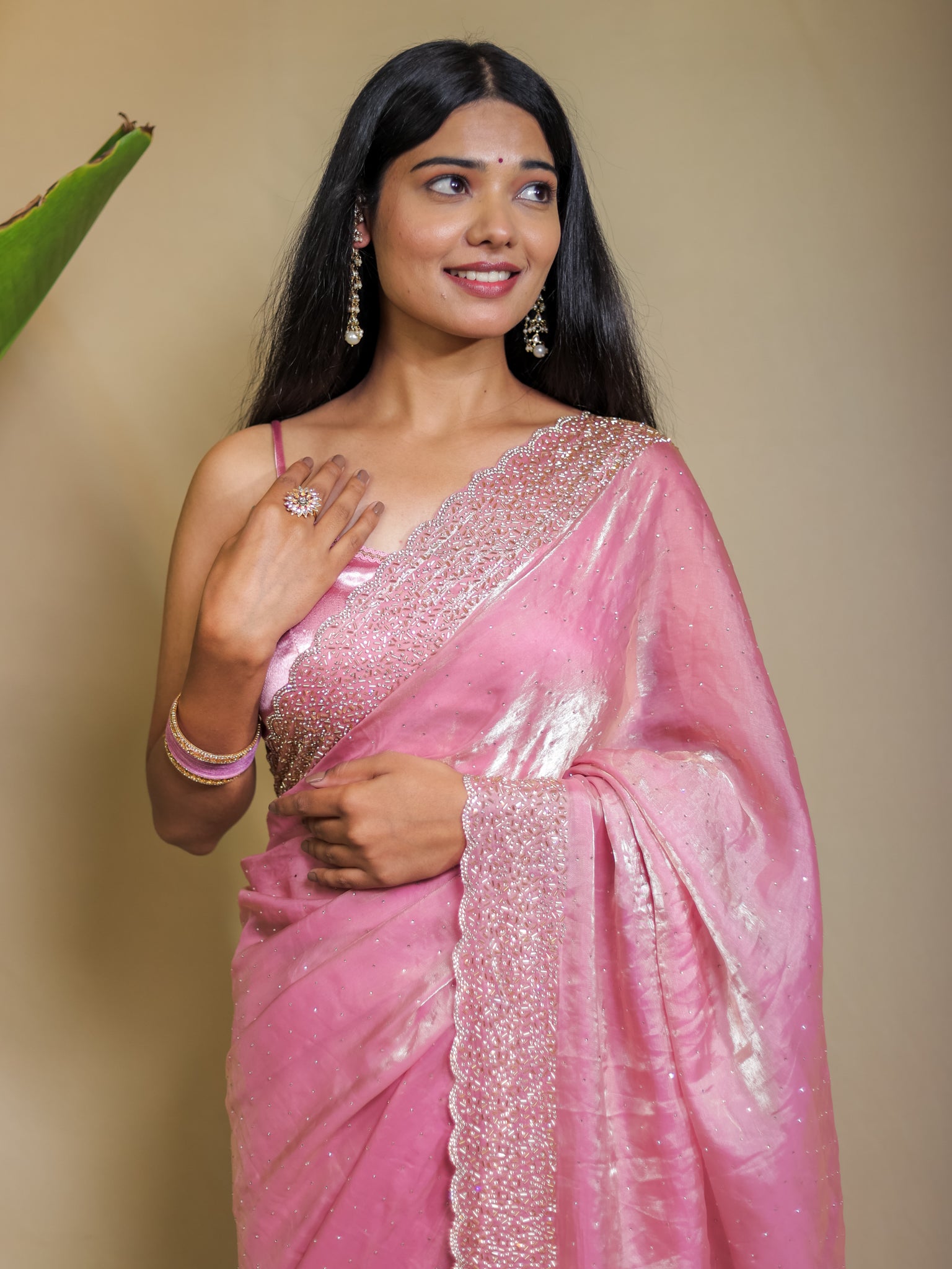 Tissue Sequin Saree - Pink