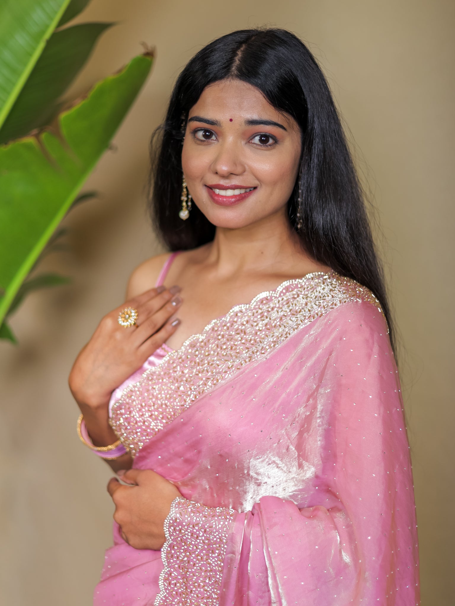 Tissue Sequin Saree - Pink