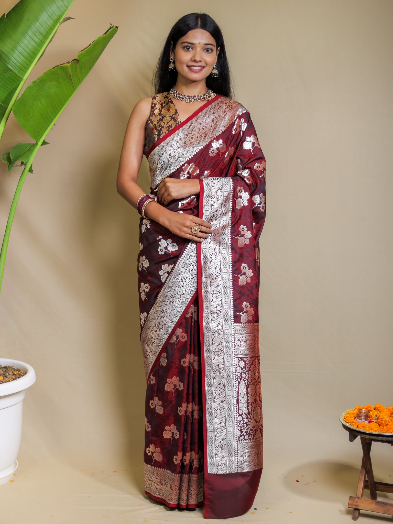 Banarasi Art Katan Silk Saree With Zari Buta Weaving & Tanchoi Weaving-  Maroon