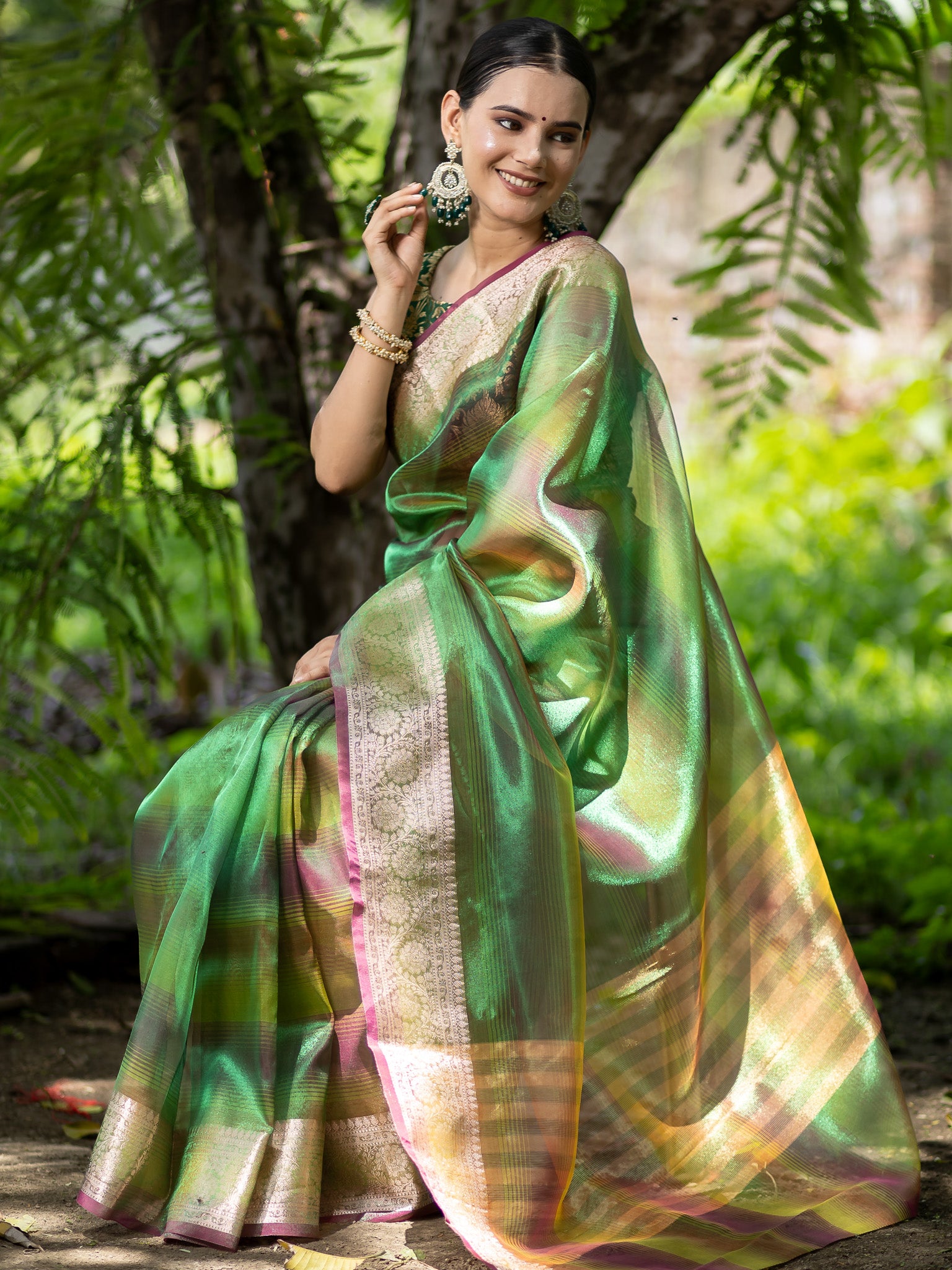 Banarasi Plain Shaded Tissue Saree With Zari Border - Green