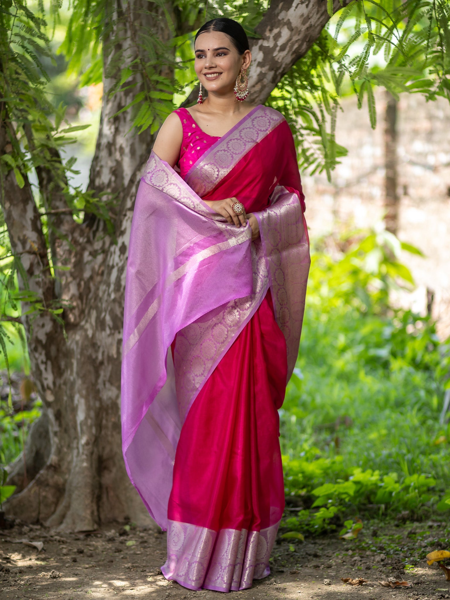 Banarasi Cotton Silk Saree With Silver Zari Weaving & Border-Pink