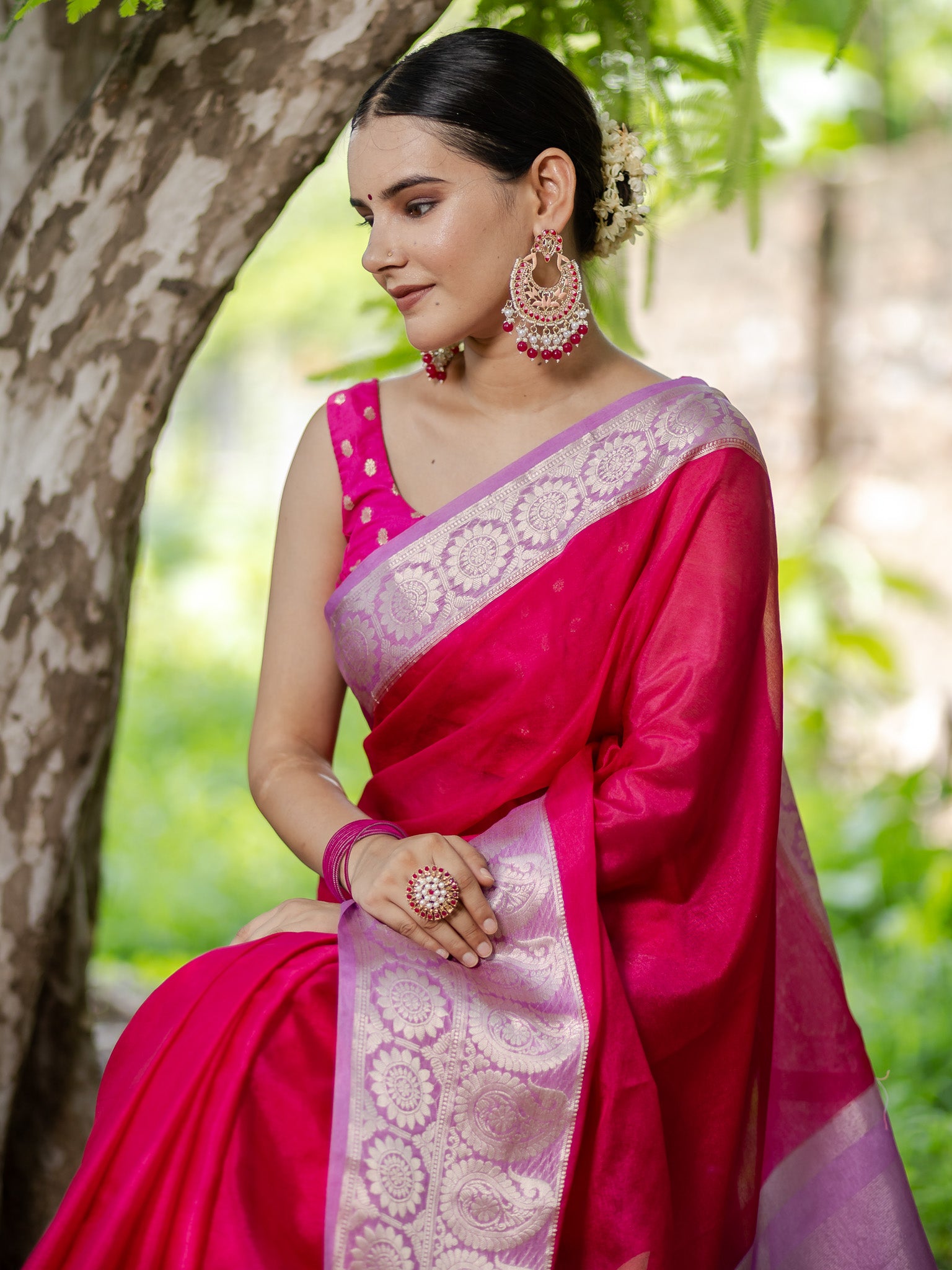 Banarasi Cotton Silk Saree With Silver Zari Weaving & Border-Pink