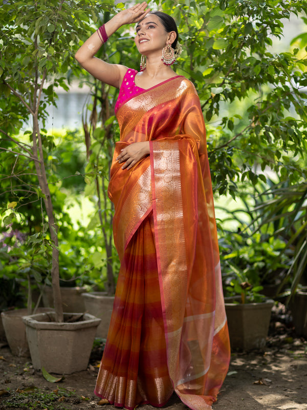 Banarasi Plain Shaded Tissue Saree With Zari Border - Orange