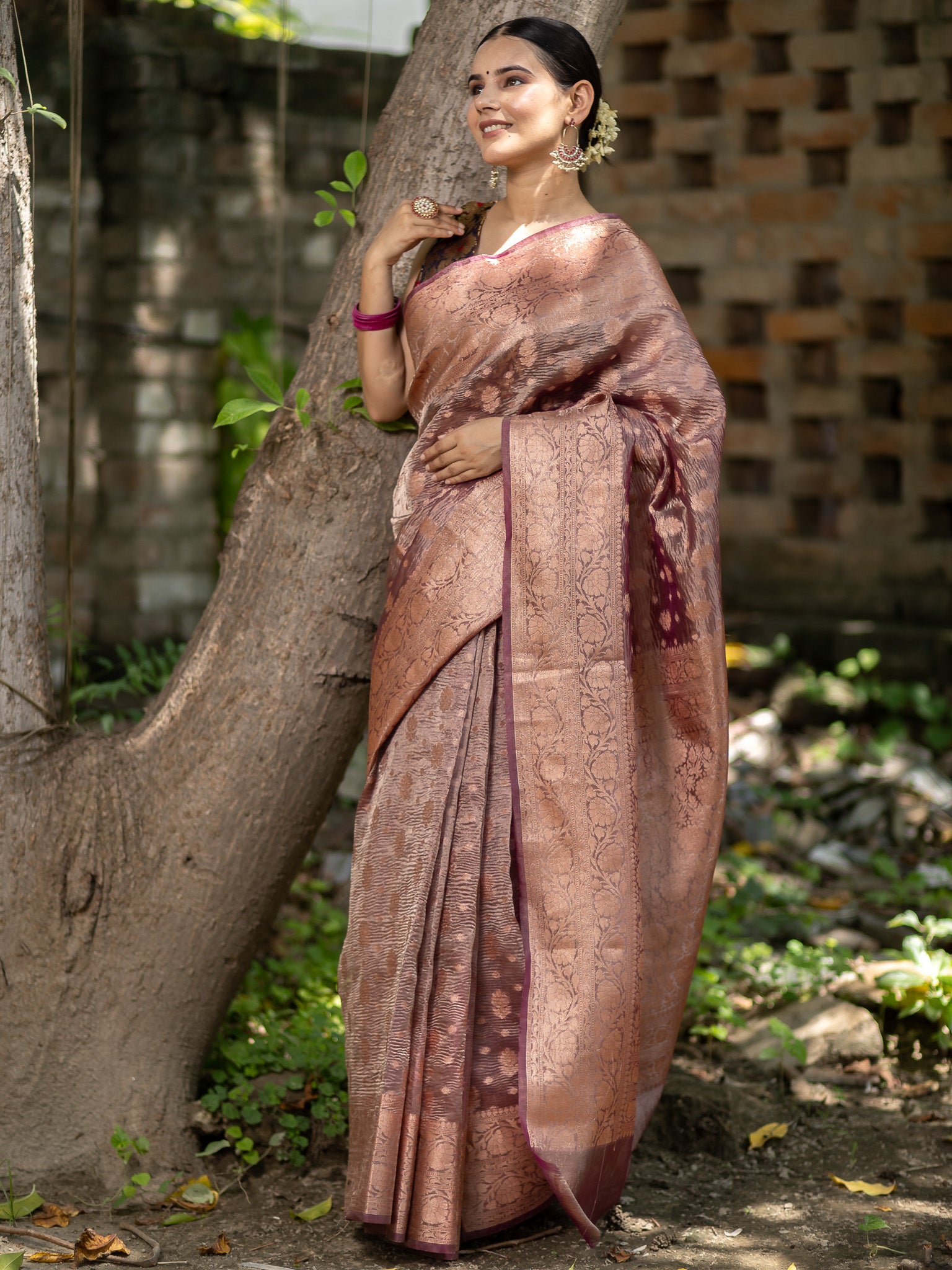 Banarasi Crushed Tissue Saree With Buti & Zari Border-Dark Mauve