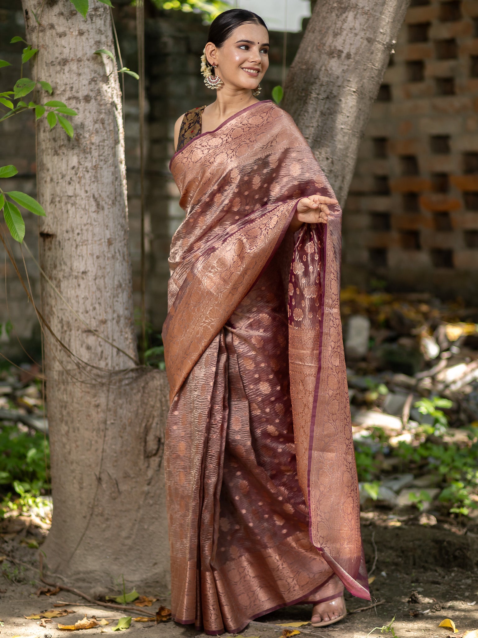 Banarasi Crushed Tissue Saree With Buti & Zari Border-Dark Mauve