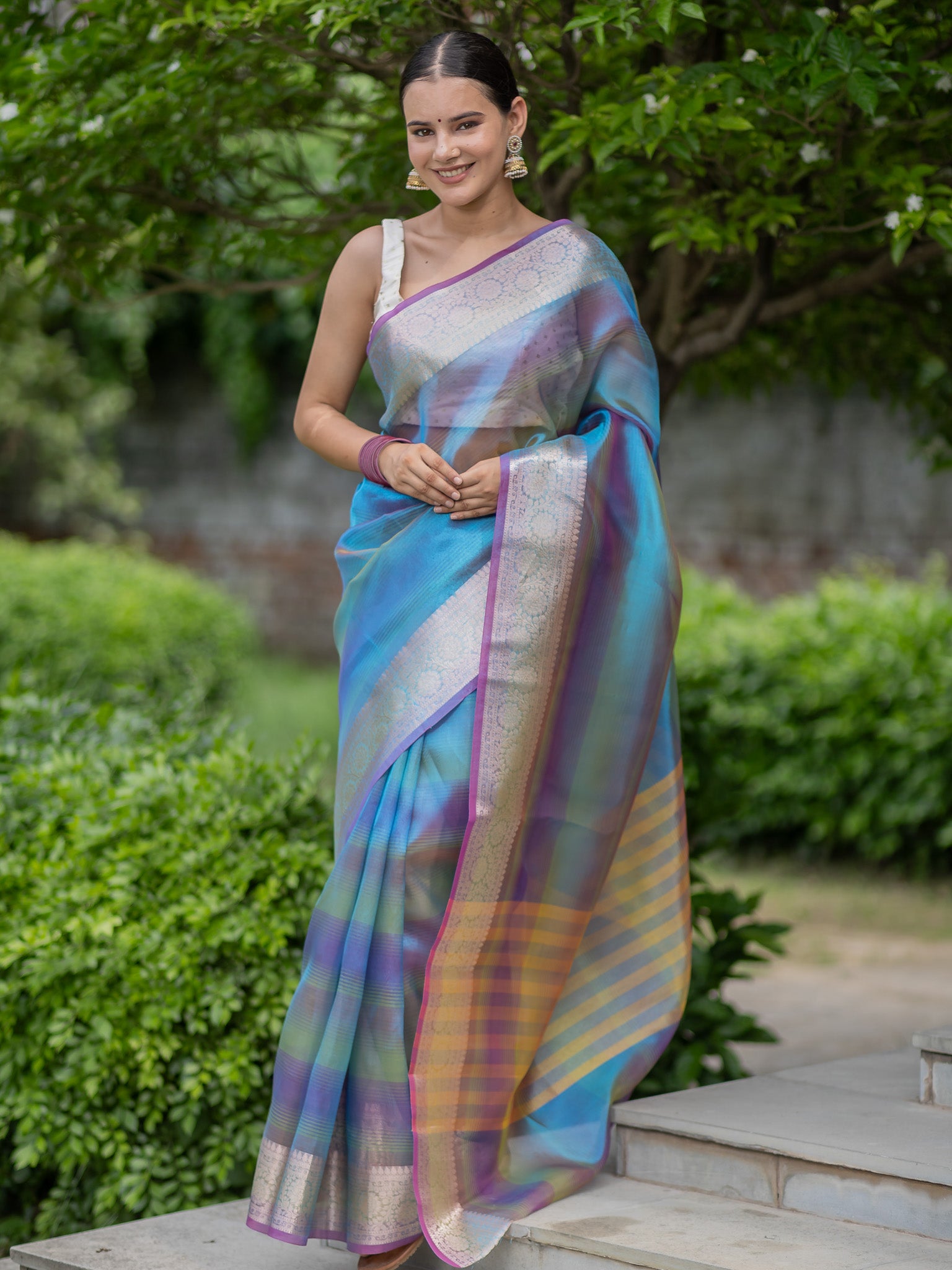 Banarasi Plain Shaded Tissue Saree With Zari Border - Blue