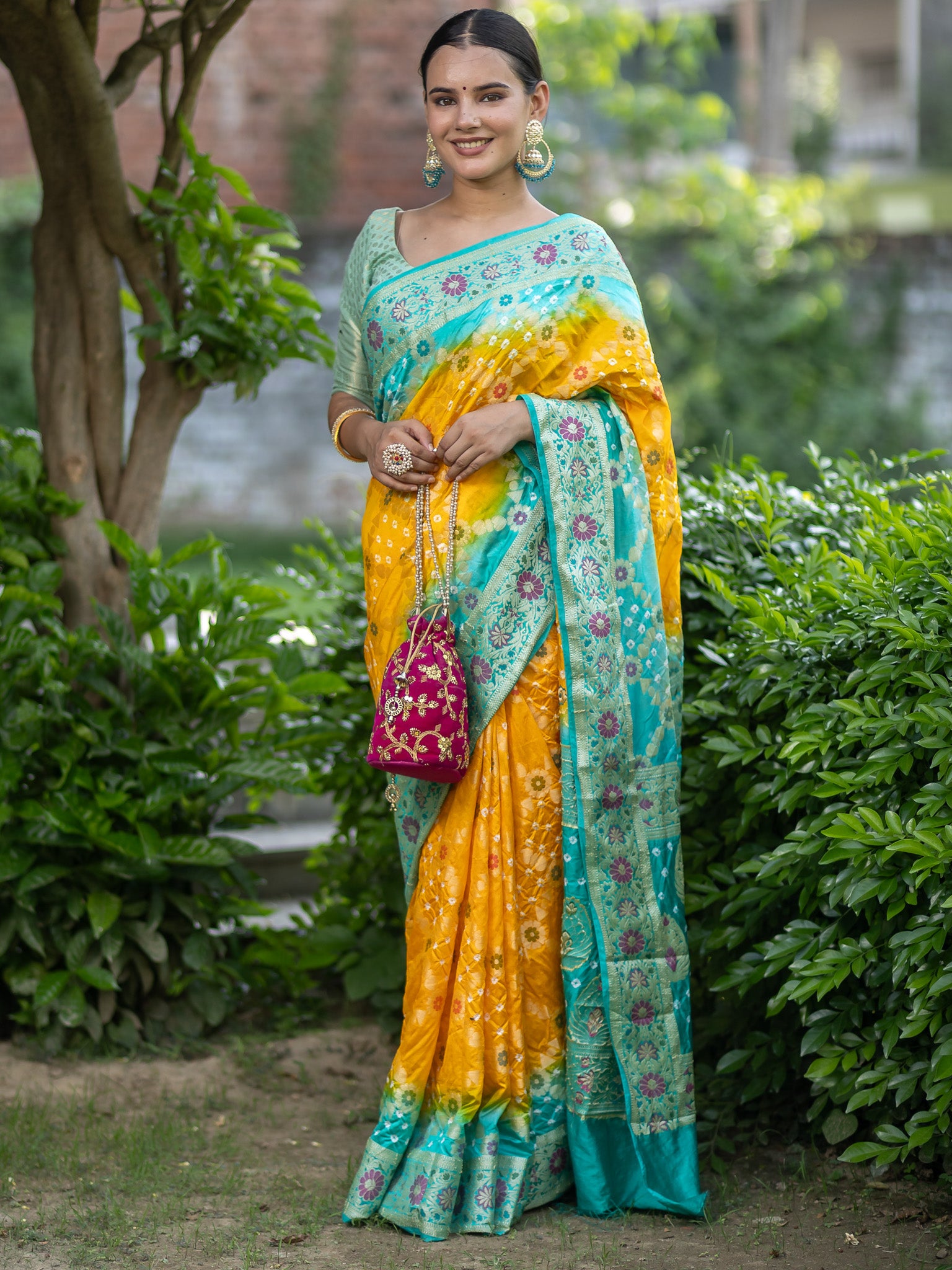 Banarasi Semi Silk Dual Shade Bandhani Saree With Meena & Jaal Weaving-Yellow