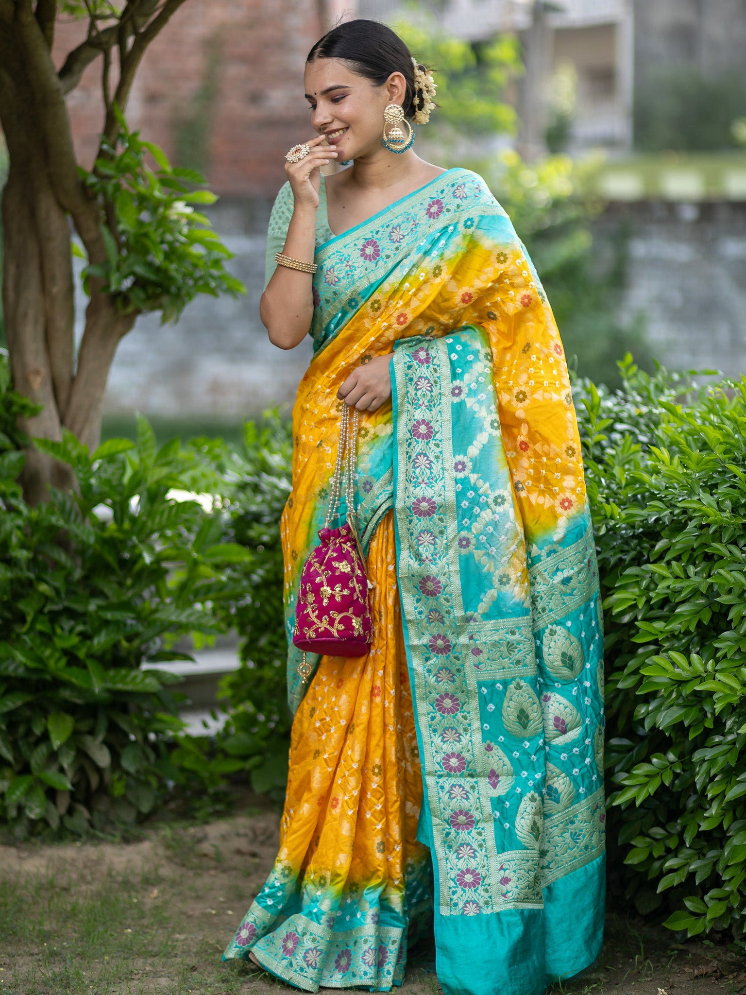 Banarasi Semi Silk Dual Shade Bandhani Saree With Meena & Jaal Weaving-Yellow