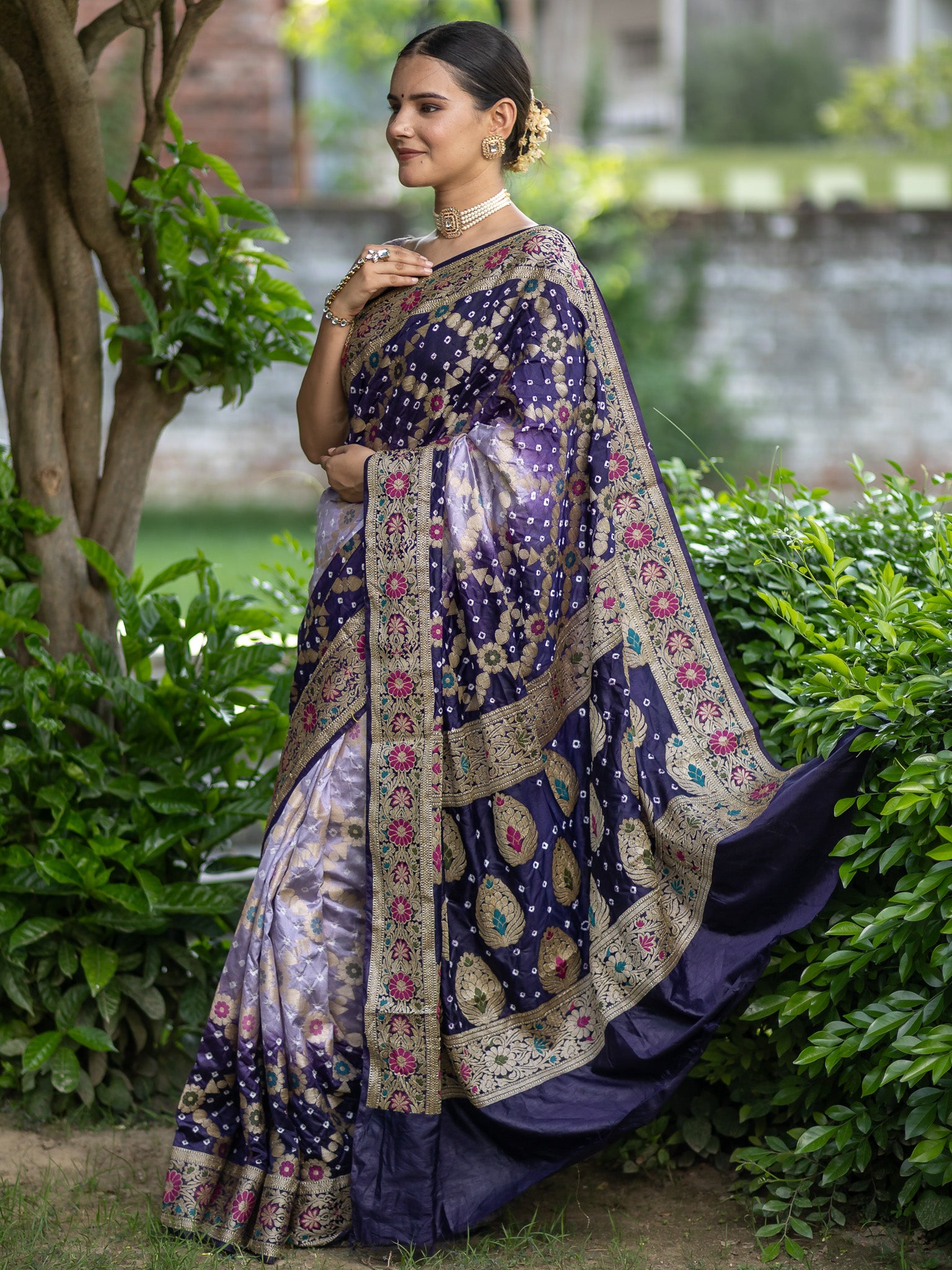 Banarasi Semi Silk Dual Shade Bandhani Saree With Meena & Jaal Weaving-Purple