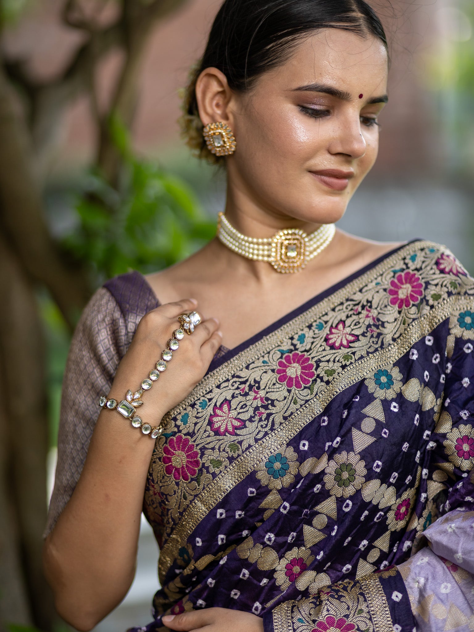 Banarasi Semi Silk Dual Shade Bandhani Saree With Meena & Jaal Weaving-Purple