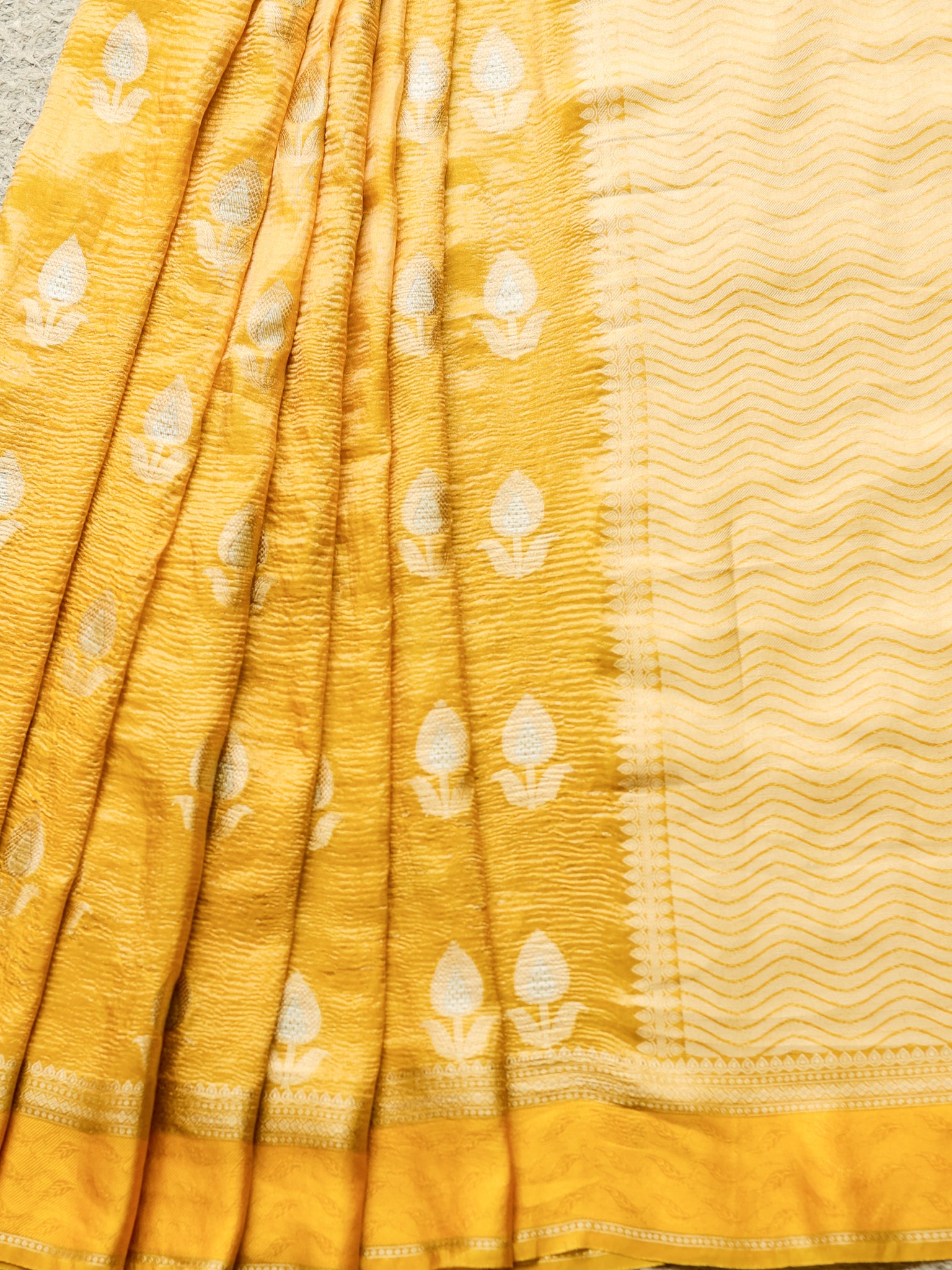 Banarasi Katan Crushed Tissue Saree With Border - Yellow