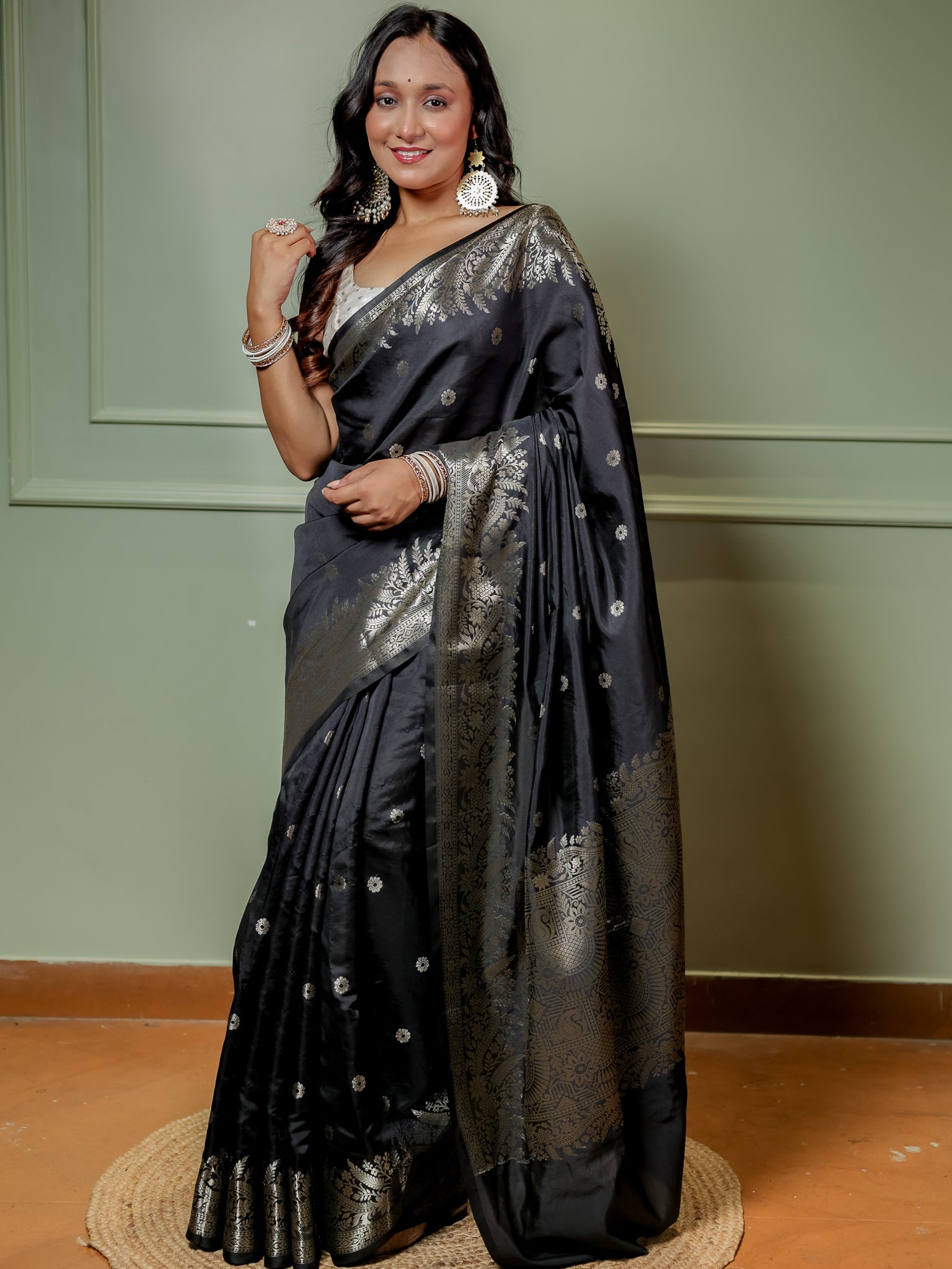 Banarasi Semi Katan Silk Saree With Border- Black