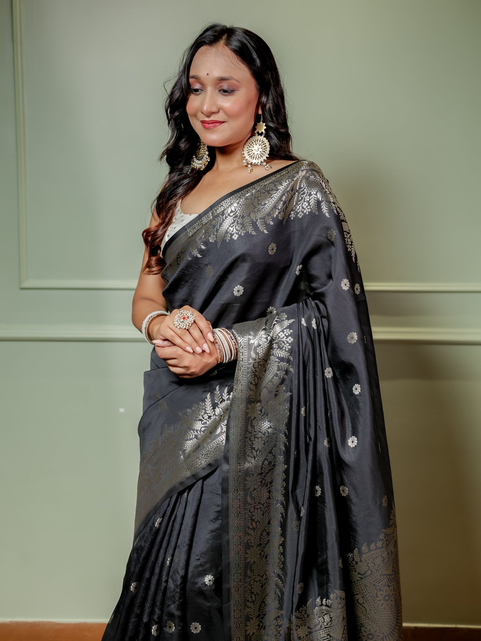 Banarasi Semi Katan Silk Saree With Border- Black