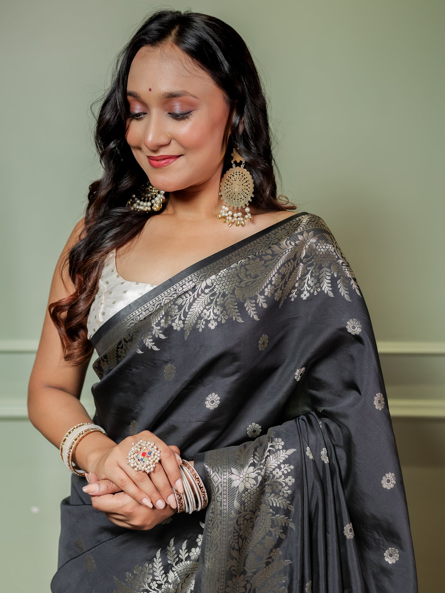 Banarasi Semi Katan Silk Saree With Border- Black