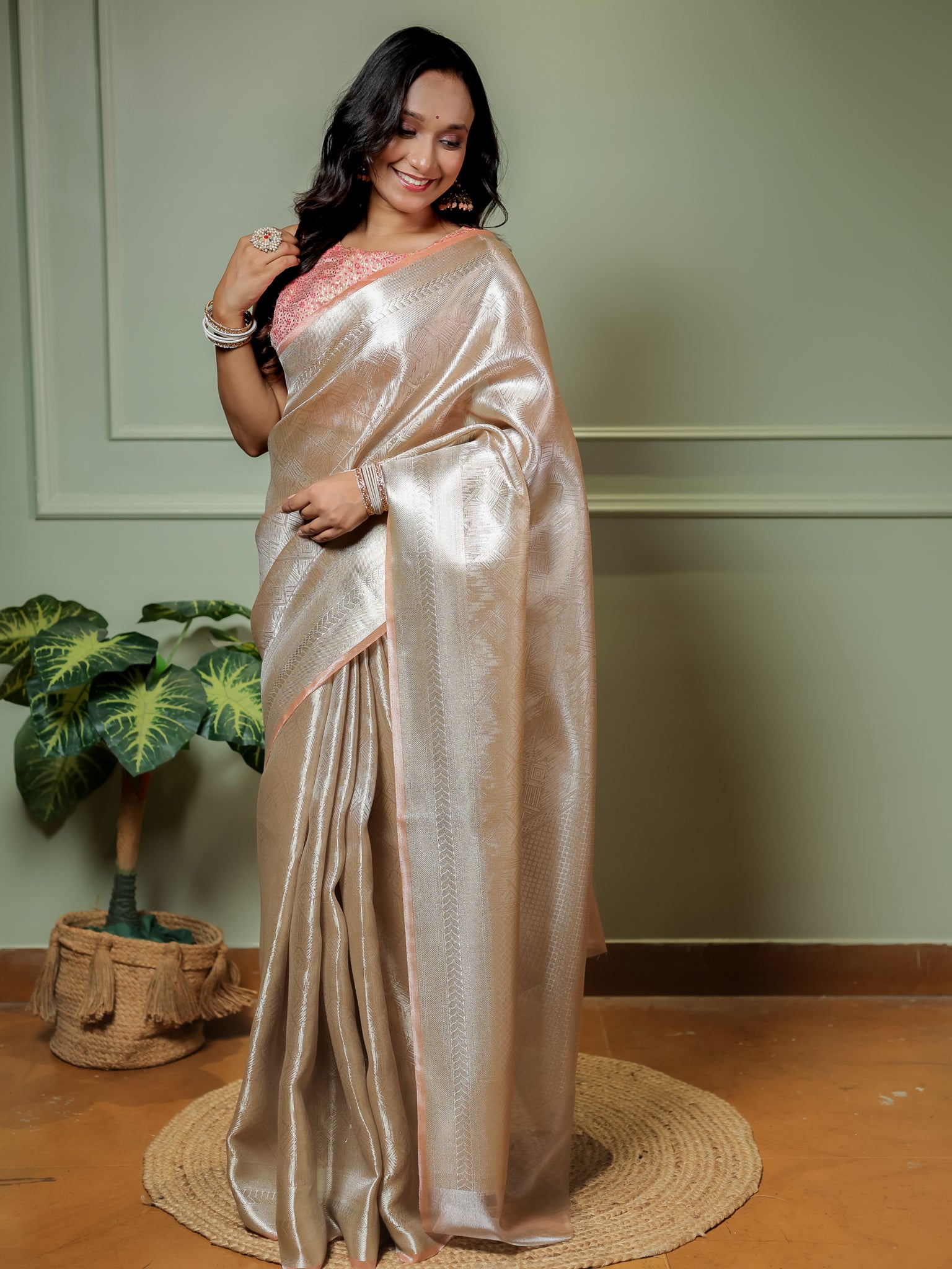 Banarasi Tissue Saree With Weaving & Border- Silver