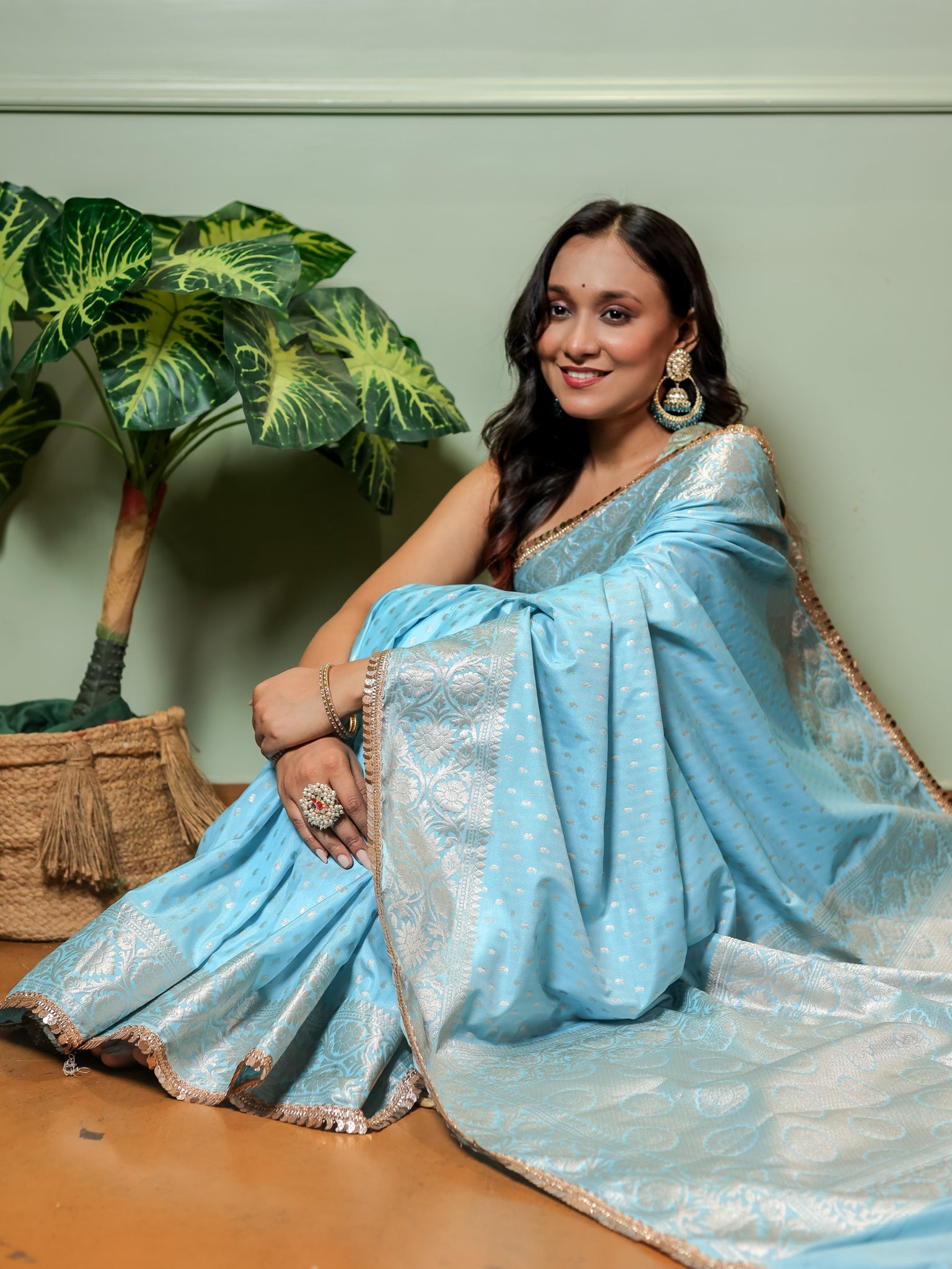 Banarasi Semi Silk Saree With Buti Weaving & Lace Border - Aqua Blue
