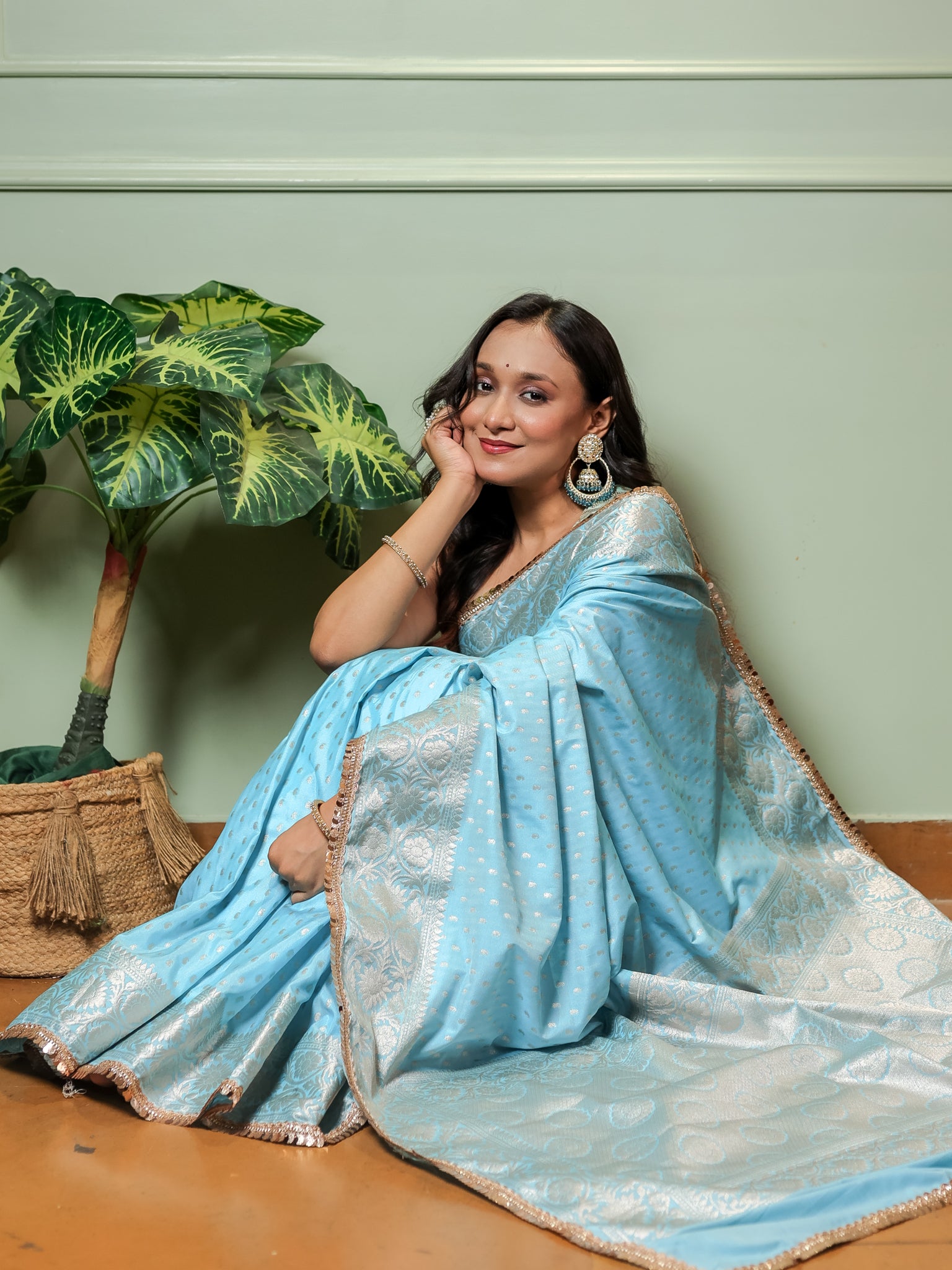 Banarasi Semi Silk Saree With Buti Weaving & Lace Border - Aqua Blue