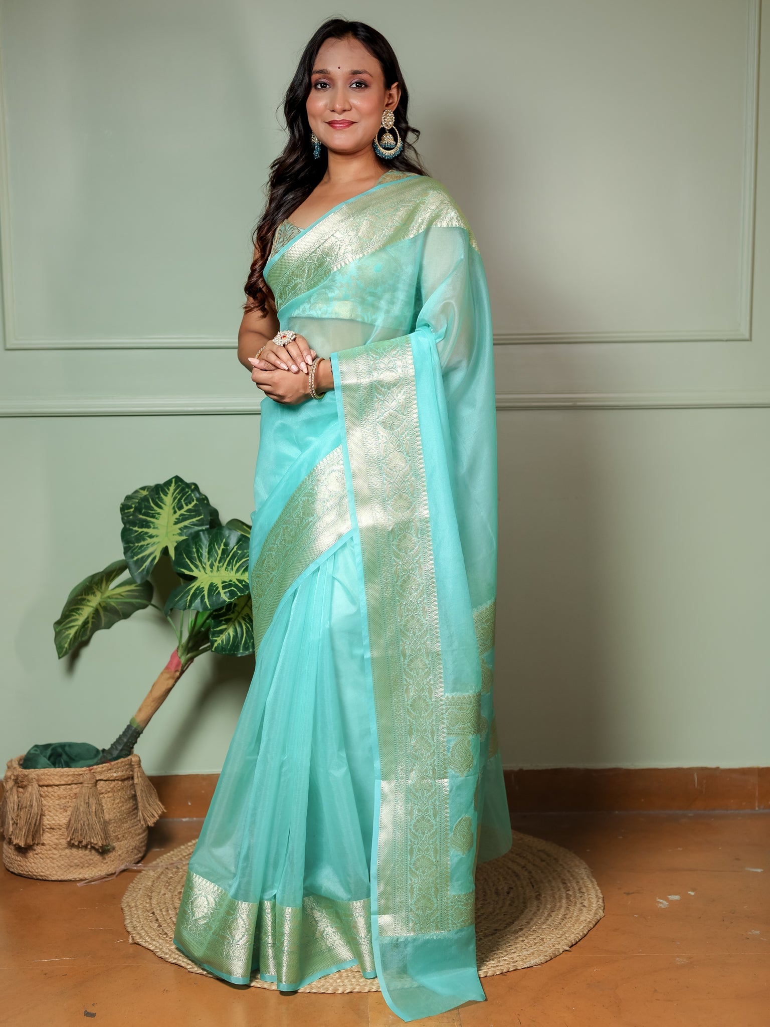 Banarasi Plain Organza Saree With Zari Border- Sky Blue