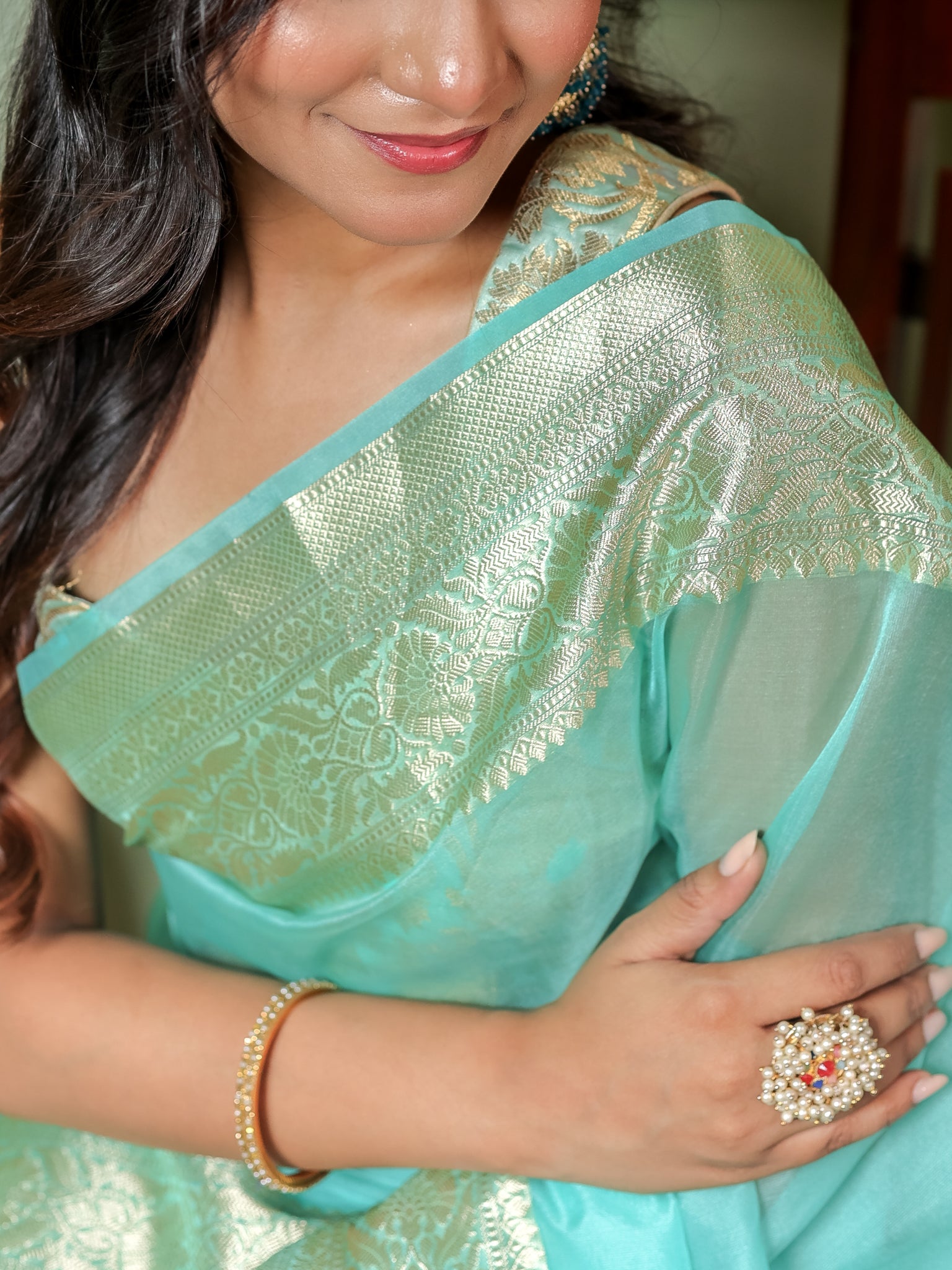 Banarasi Plain Organza Saree With Zari Border- Sky Blue