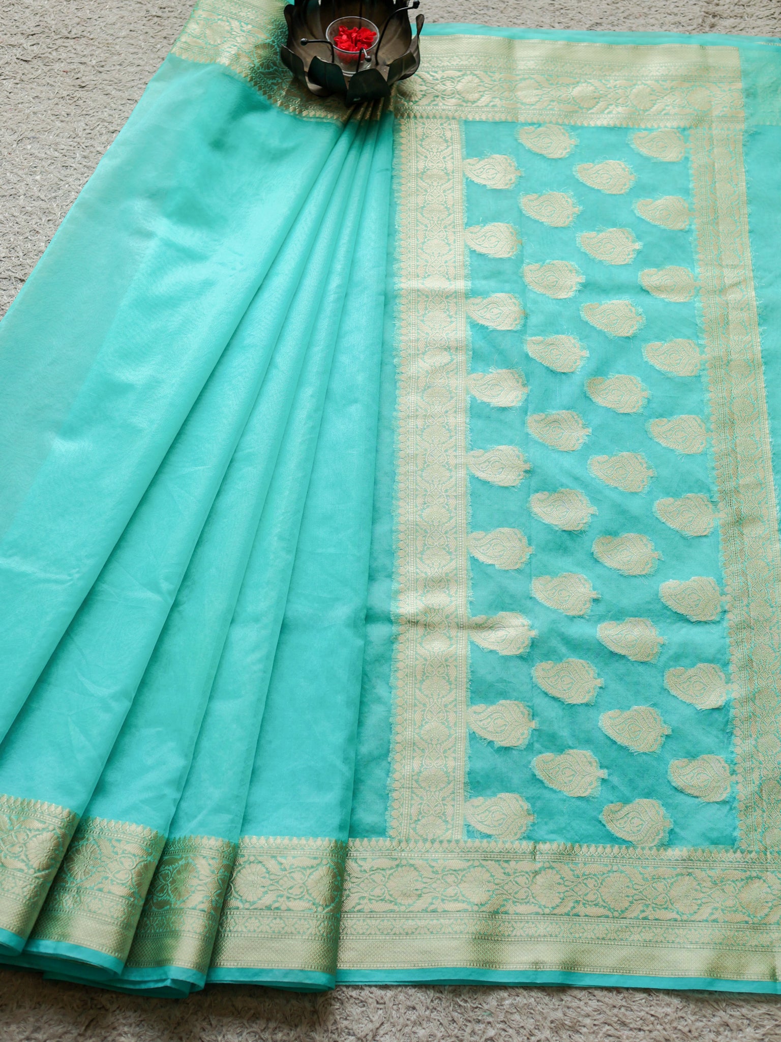 Banarasi Plain Organza Saree With Zari Border- Sky Blue