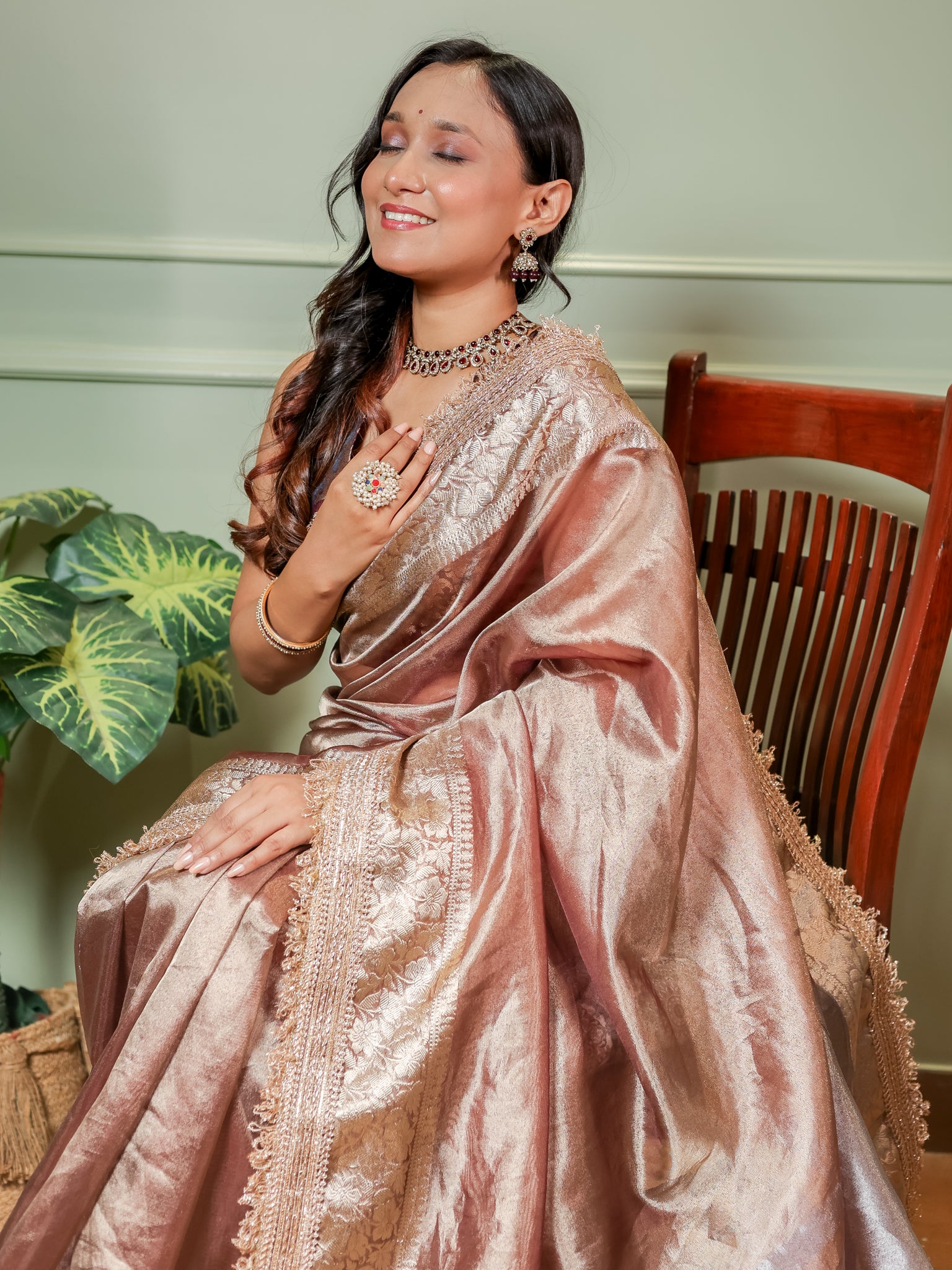 Banarasi Plain Tissue Saree With Lace Border- Metallic