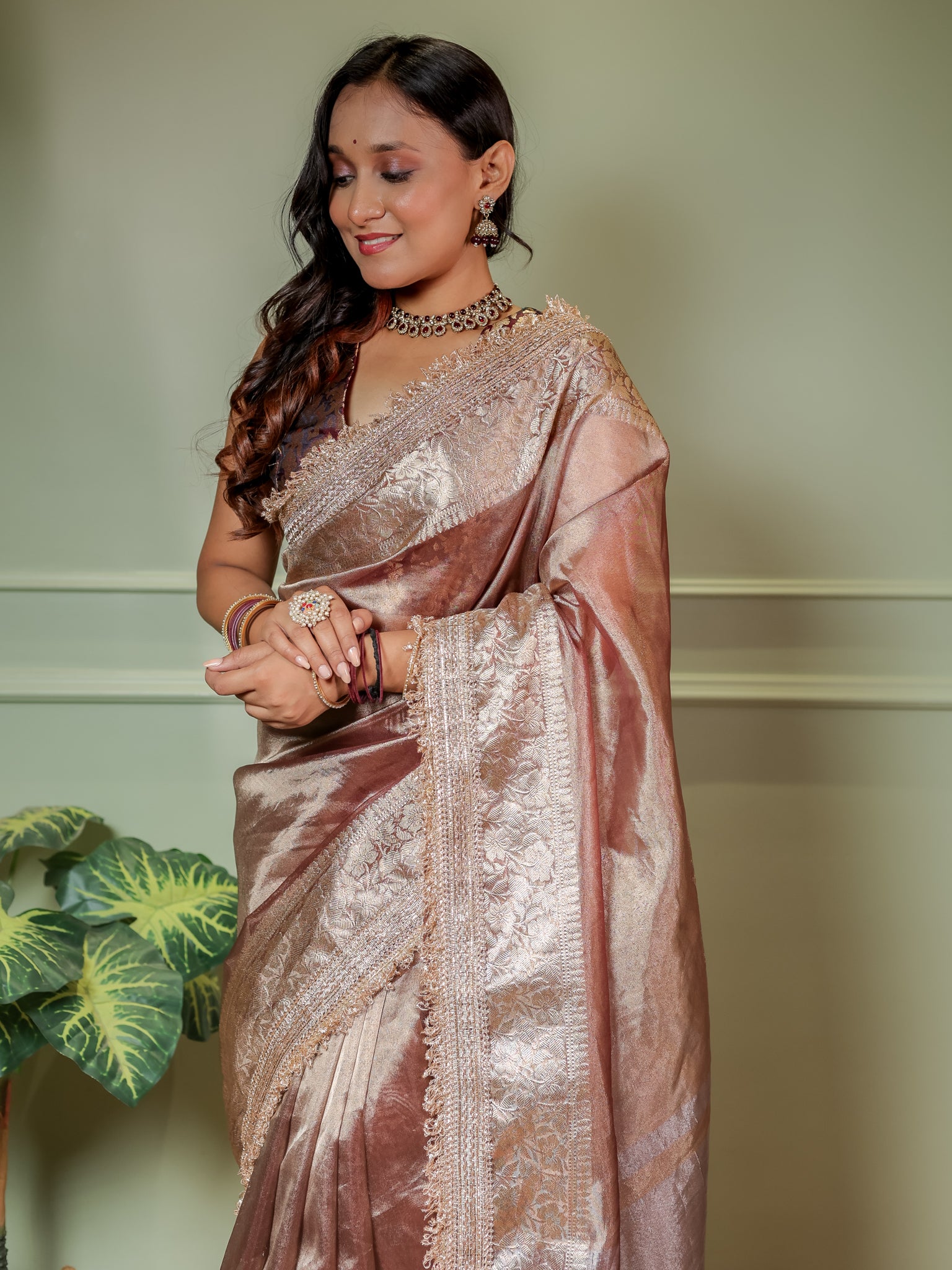 Banarasi Plain Tissue Saree With Lace Border- Metallic