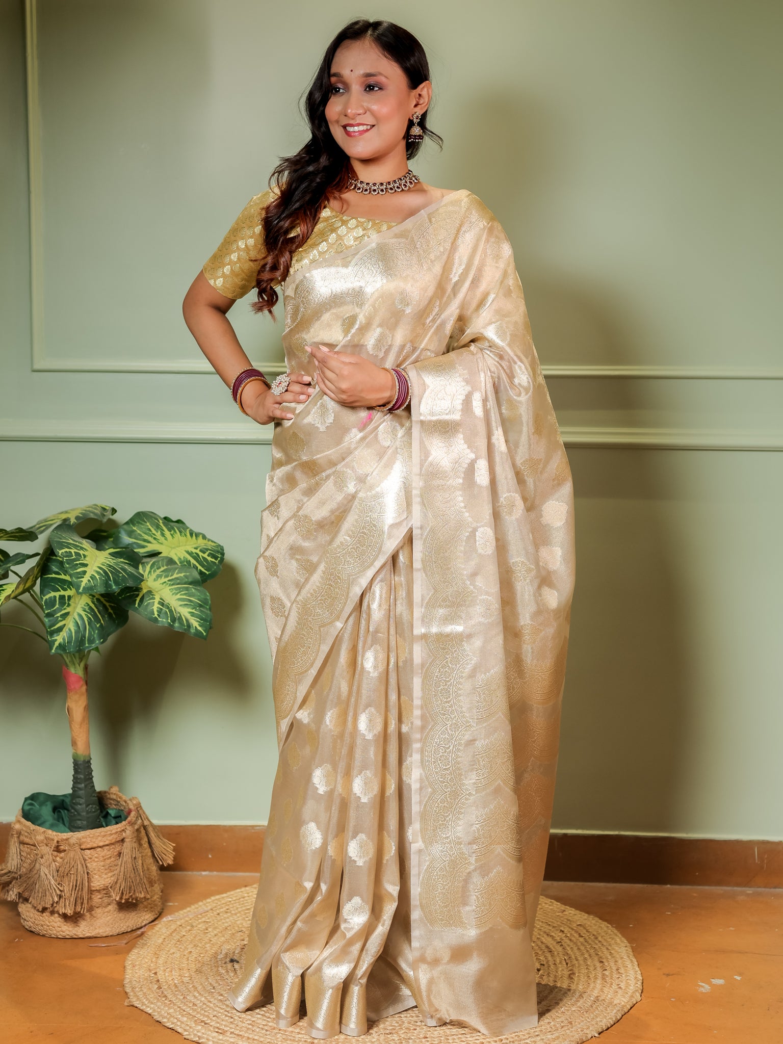 Banarasi Organza Saree With Zari Buta Weaving & Border- Beige