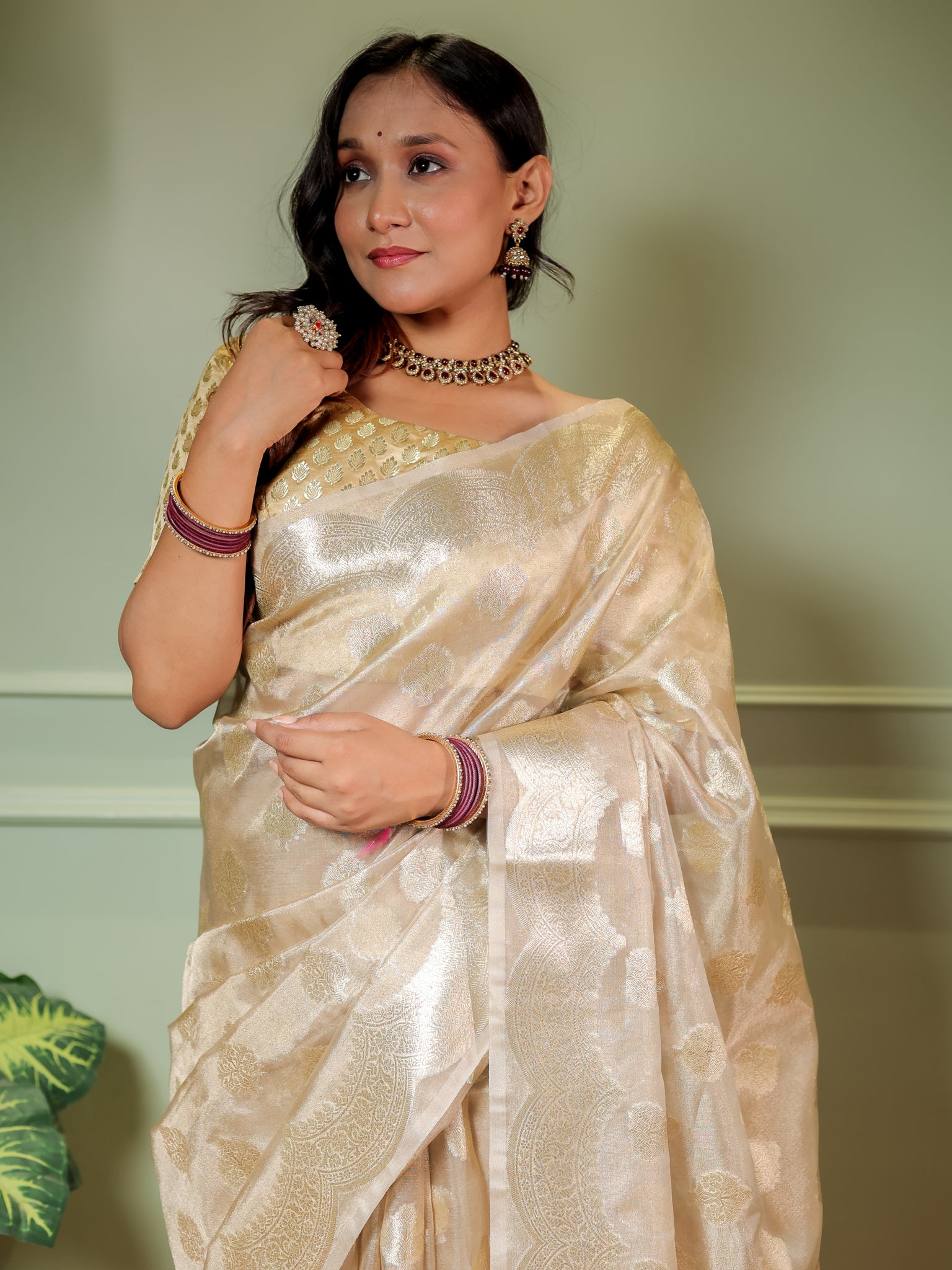 Banarasi Organza Saree With Zari Buta Weaving & Border- Beige