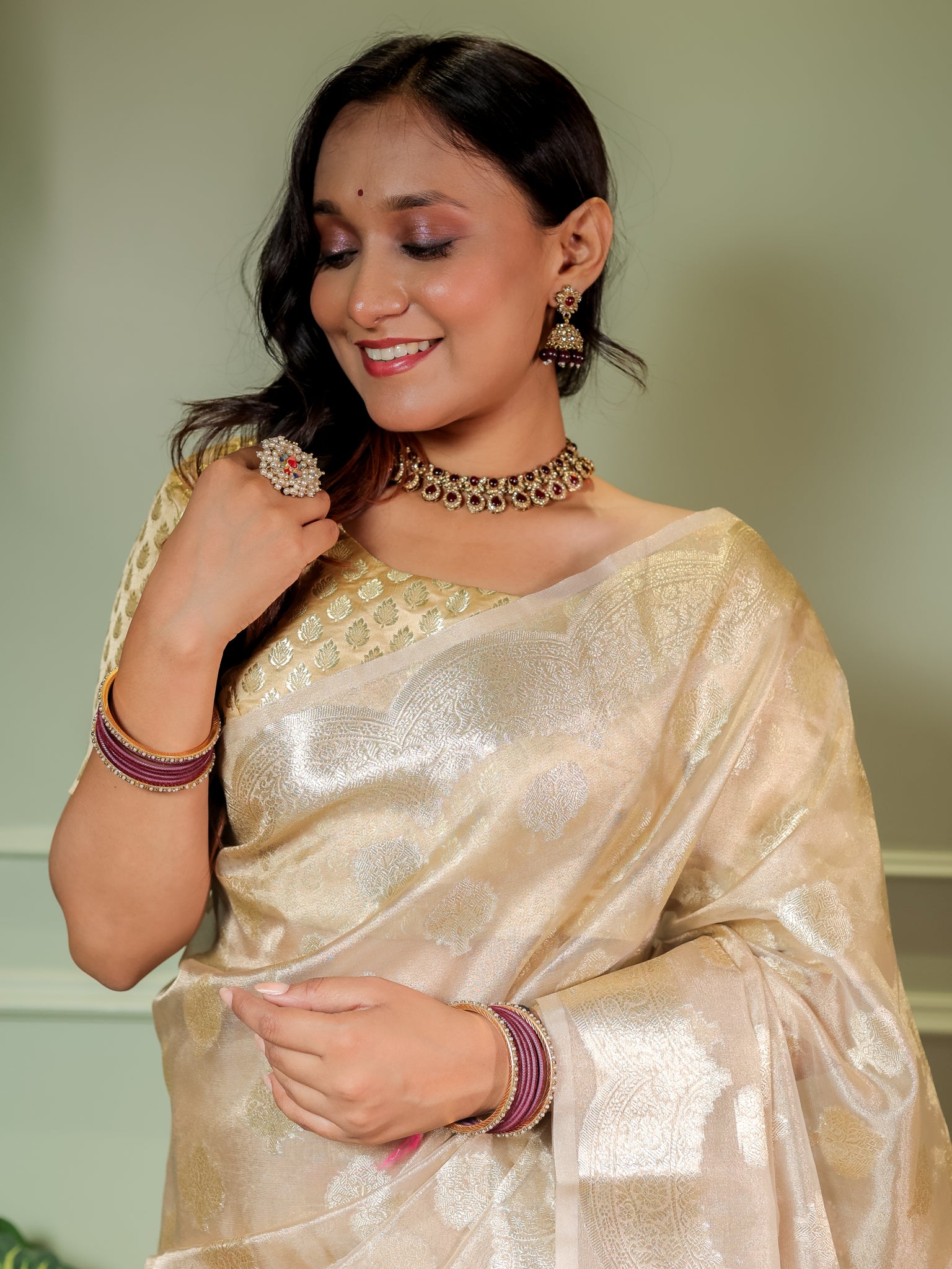 Banarasi Organza Saree With Zari Buta Weaving & Border- Beige