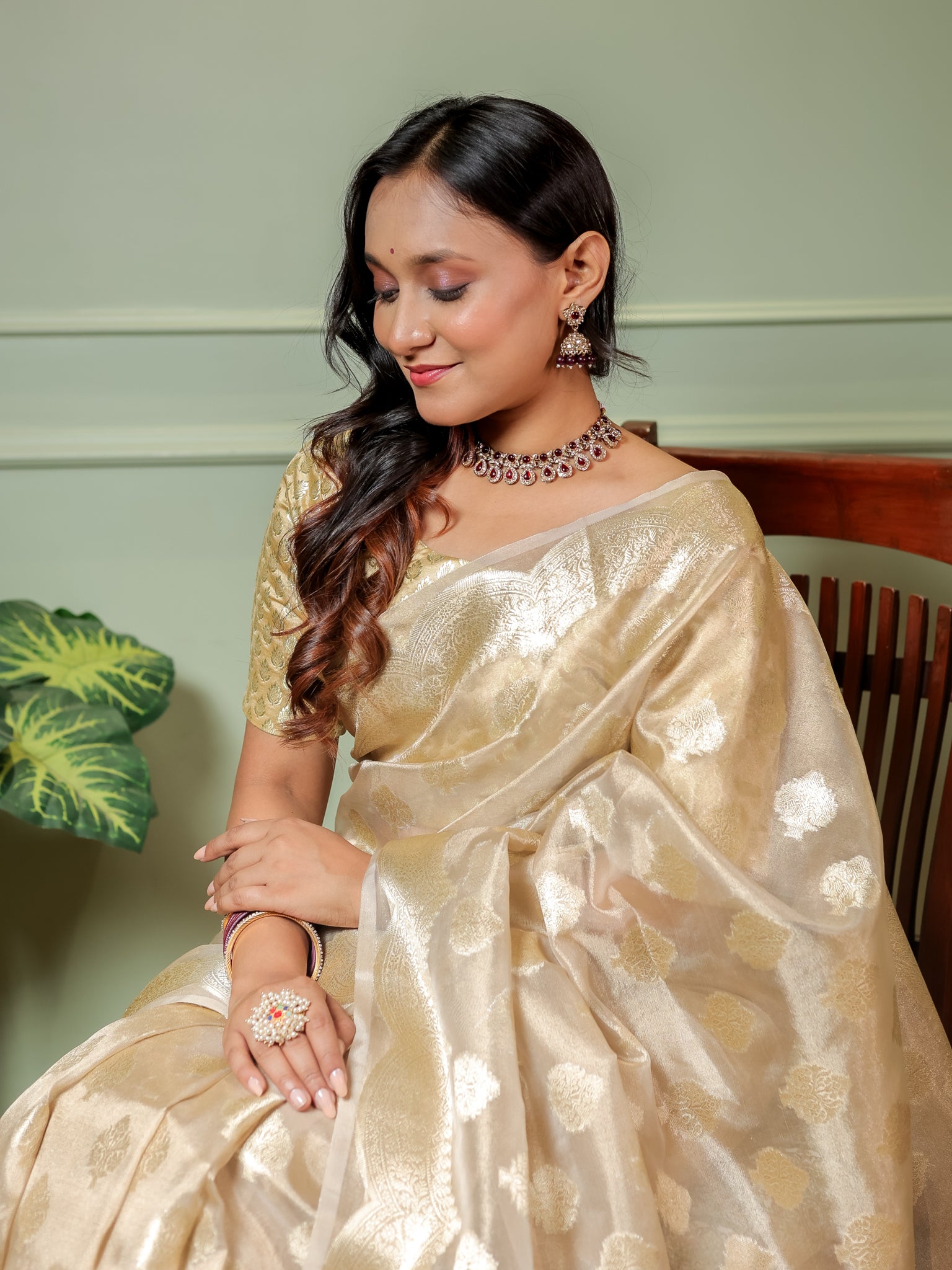 Banarasi Organza Saree With Zari Buta Weaving & Border- Beige