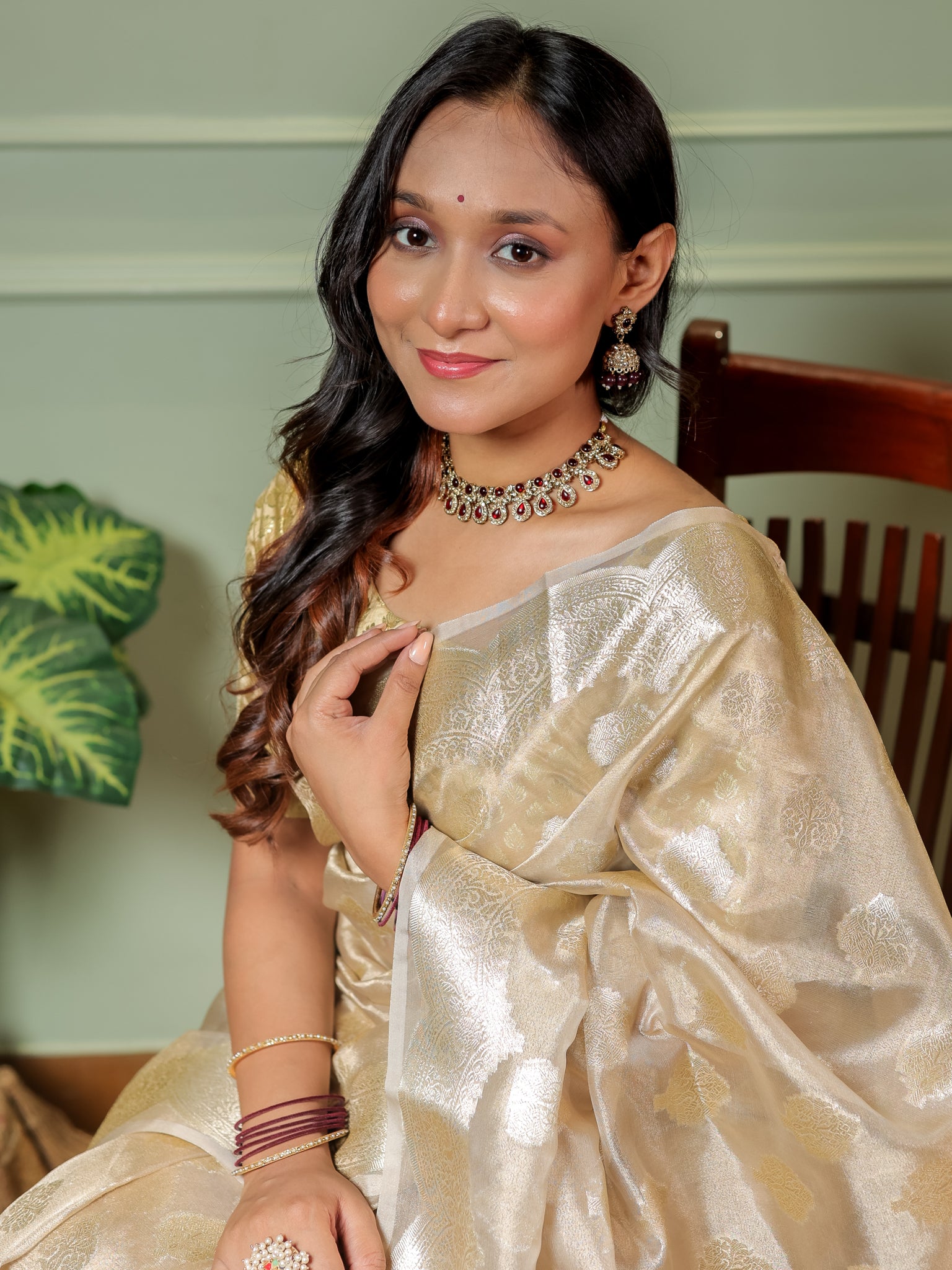 Banarasi Organza Saree With Zari Buta Weaving & Border- Beige