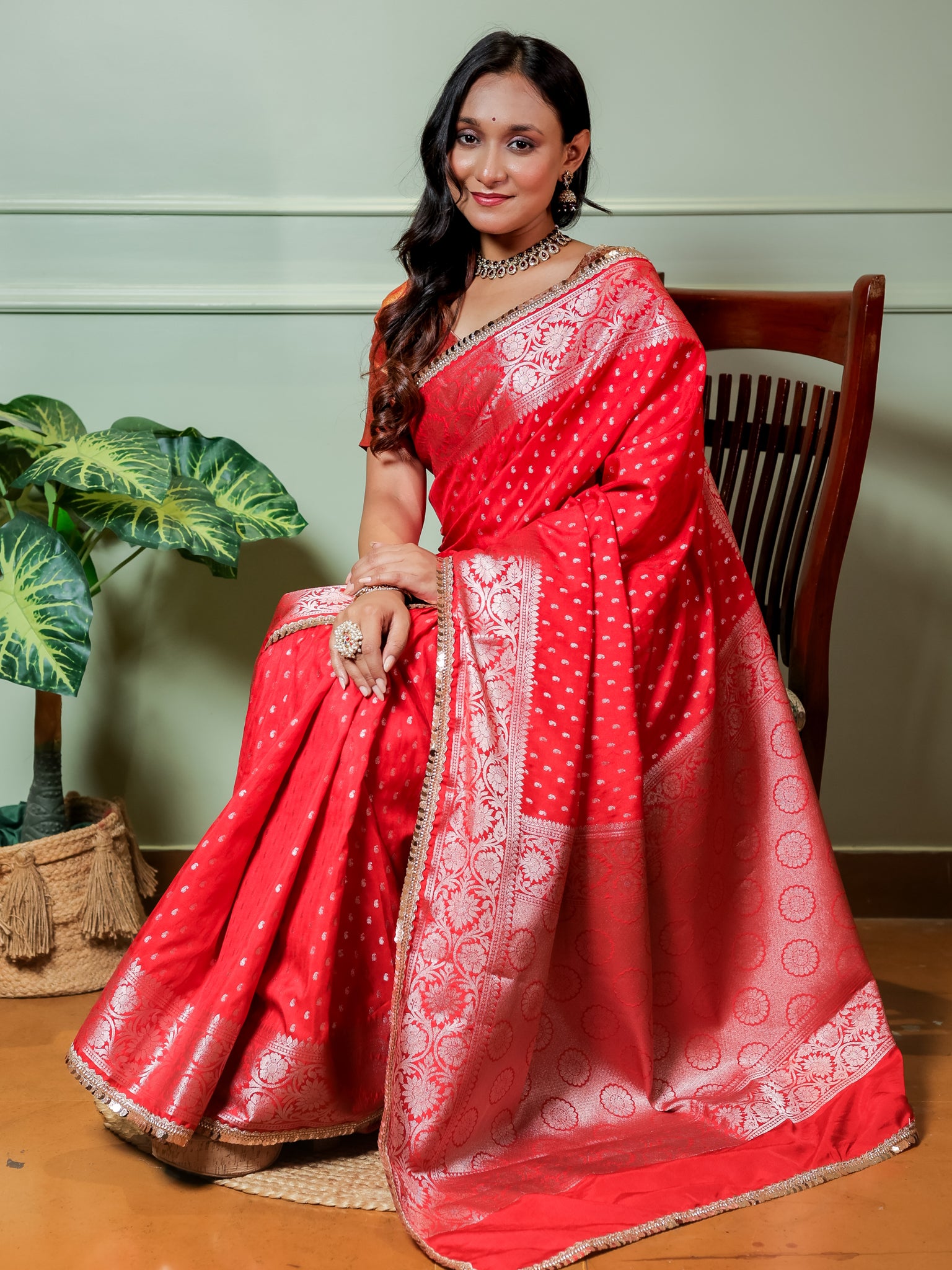 Banarasi Semi Silk Saree With Buti Weaving & Lace Border - Red