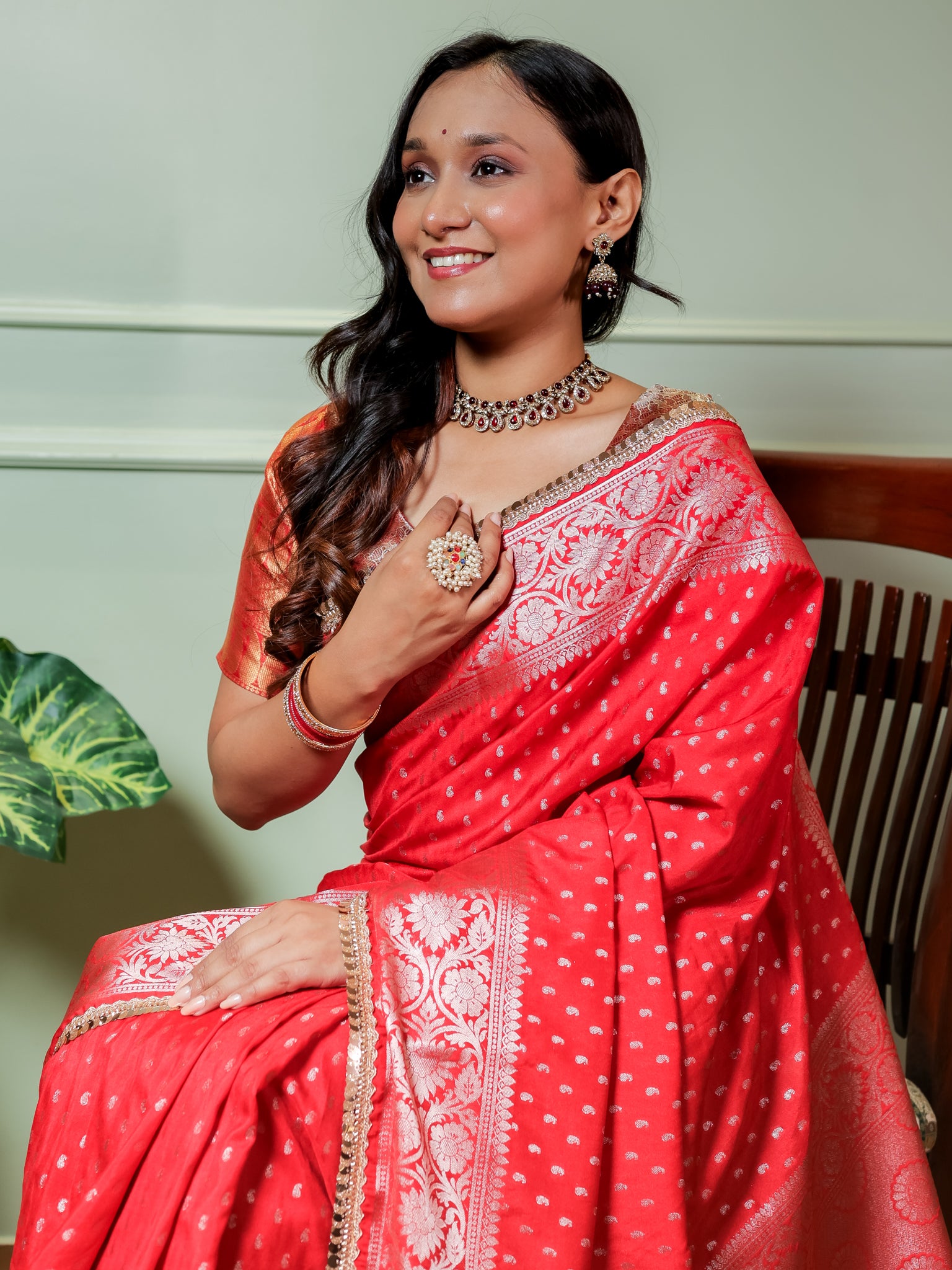 Banarasi Semi Silk Saree With Buti Weaving & Lace Border - Red