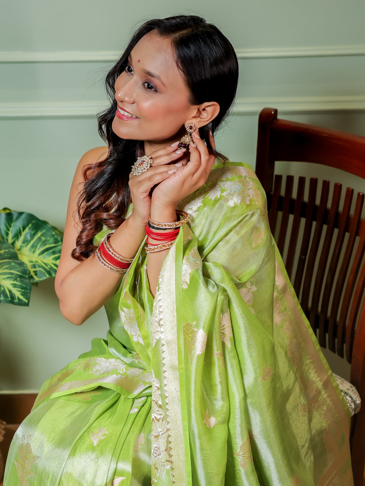 Banarasi Dual Tone Tissue Saree With Border - Green