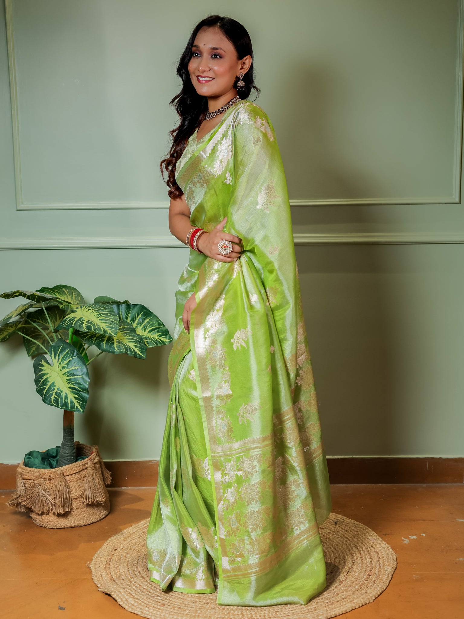 Banarasi Dual Tone Tissue Saree With Border - Green