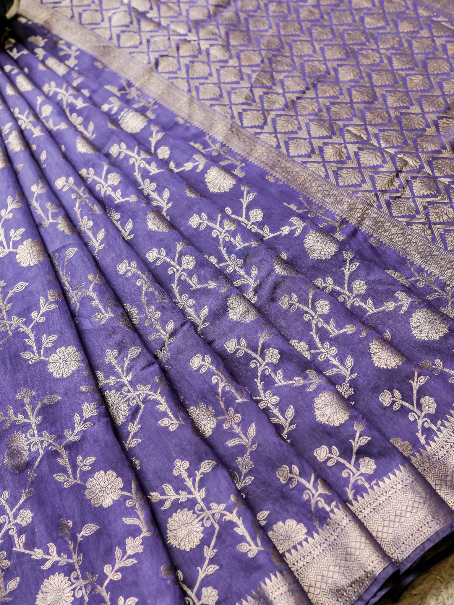 Banarasi Cotton Silk Saree With Floral Weaving & Border- Blue